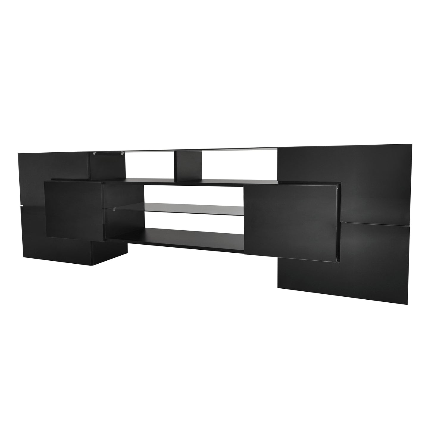 Black High Gloss TV Stand with LED Glass Shelves for TVs Up to 80