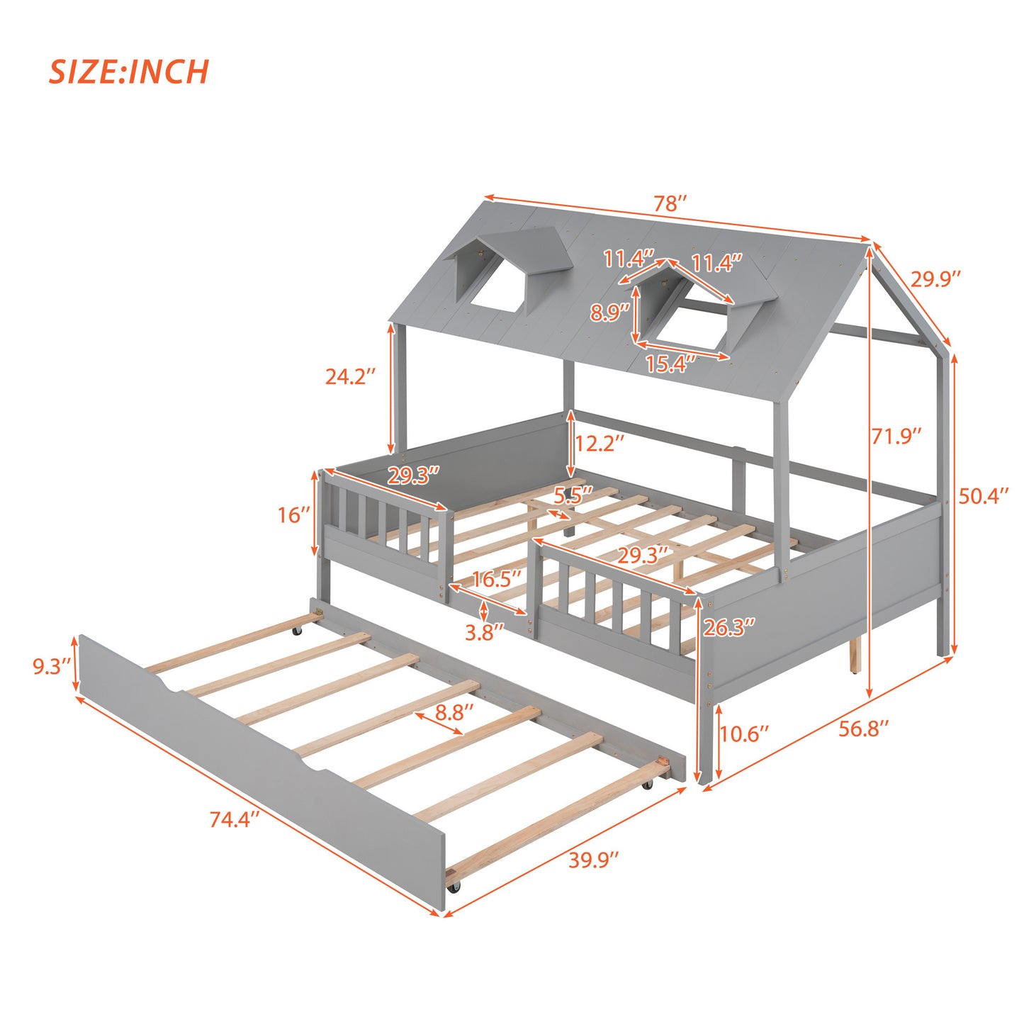 Full Size House Bed Wood Bed with  Twin Size Trundle ( Gray )