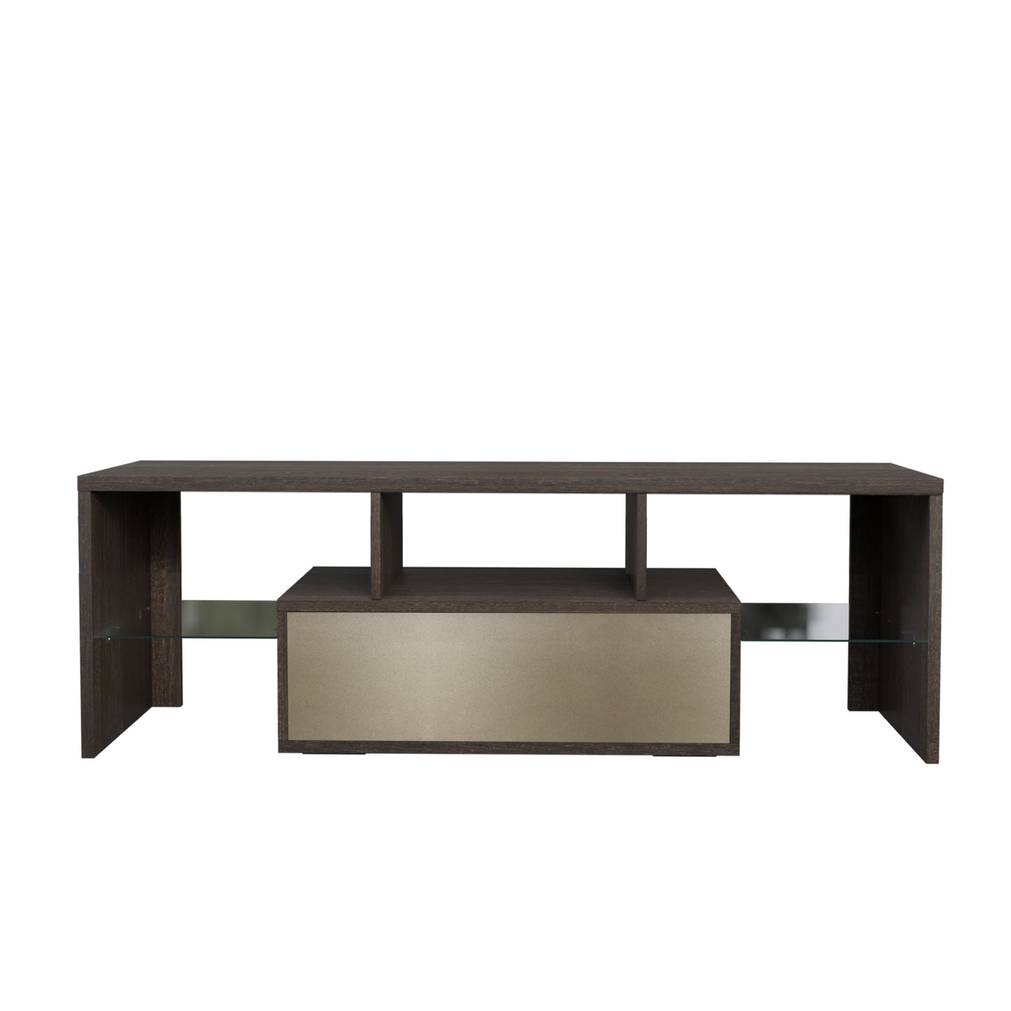 Quick Assembly Modern Brown TV Stand with LED Color Changing Lights and Toughened Glass Shelf