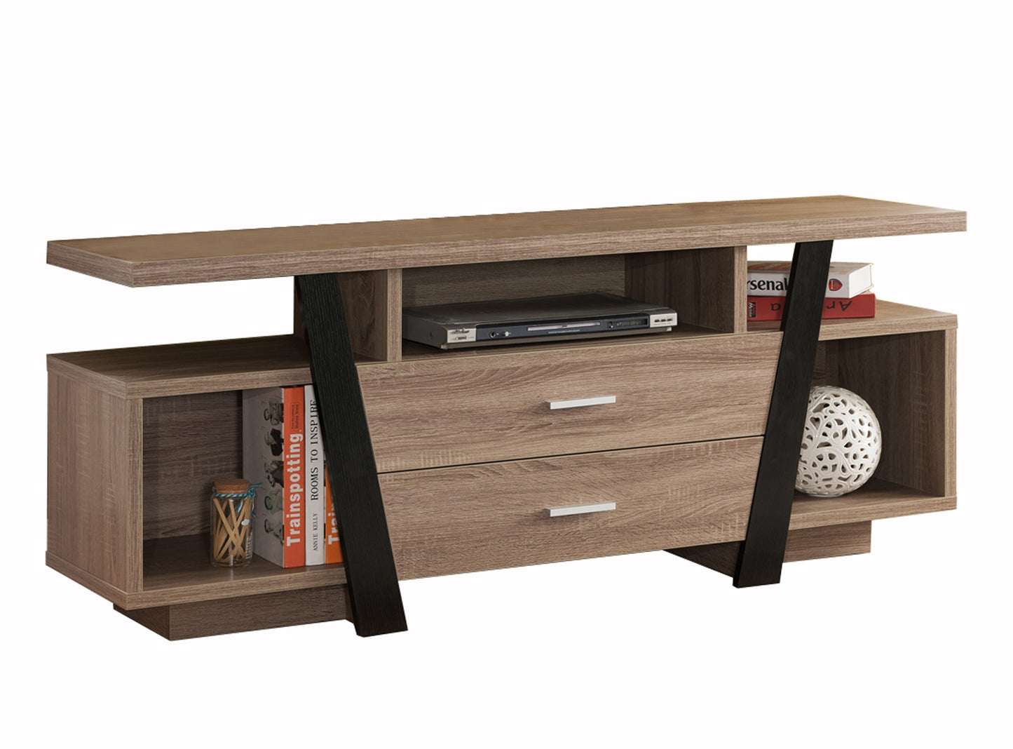 Contemporary Dark Taupe & Black TV Stand with Dual-Tier Shelves