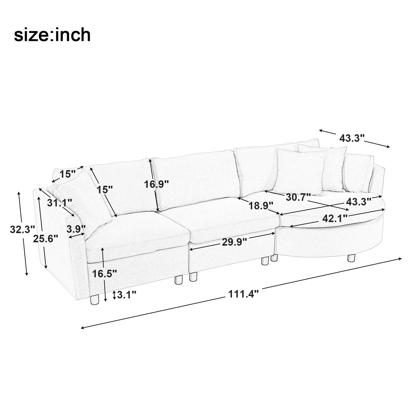 U_STYLE Three Indoor Cushioned Combination Sofas with Three Pillows and Curved Seat, for Living Room, Study Room, and Apartment