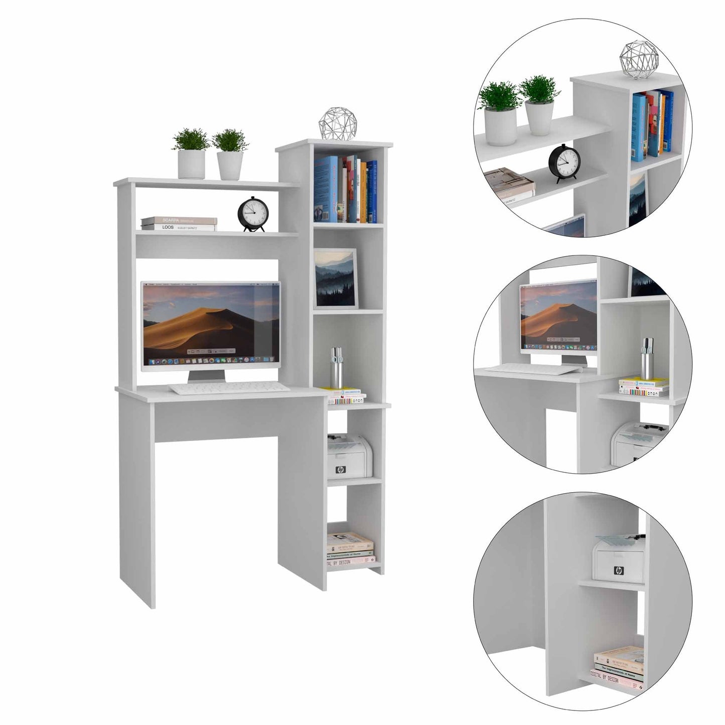 White Marston Writing Desk with Integrated Bookshelf