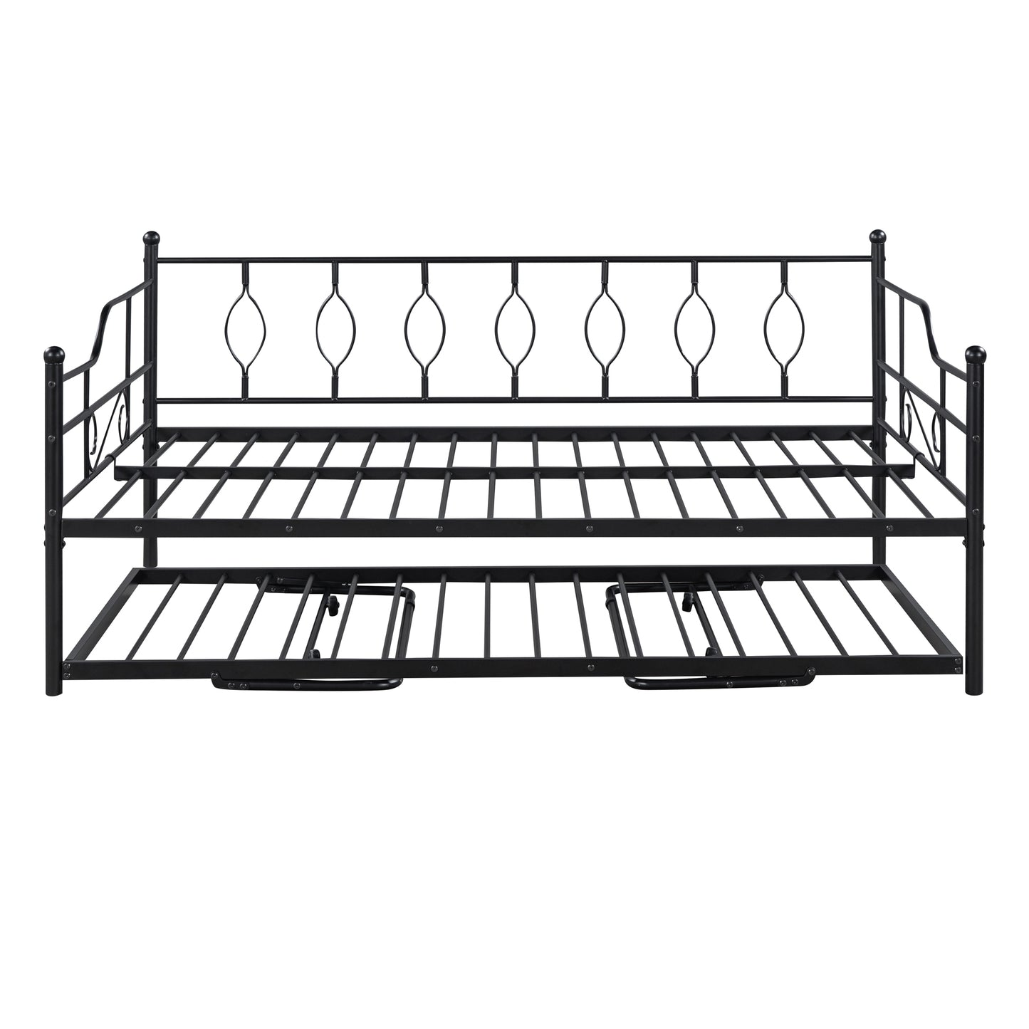 Full Size Metal Daybed with Twin Size Adjustable Trundle, Portable Folding Trundle, Black