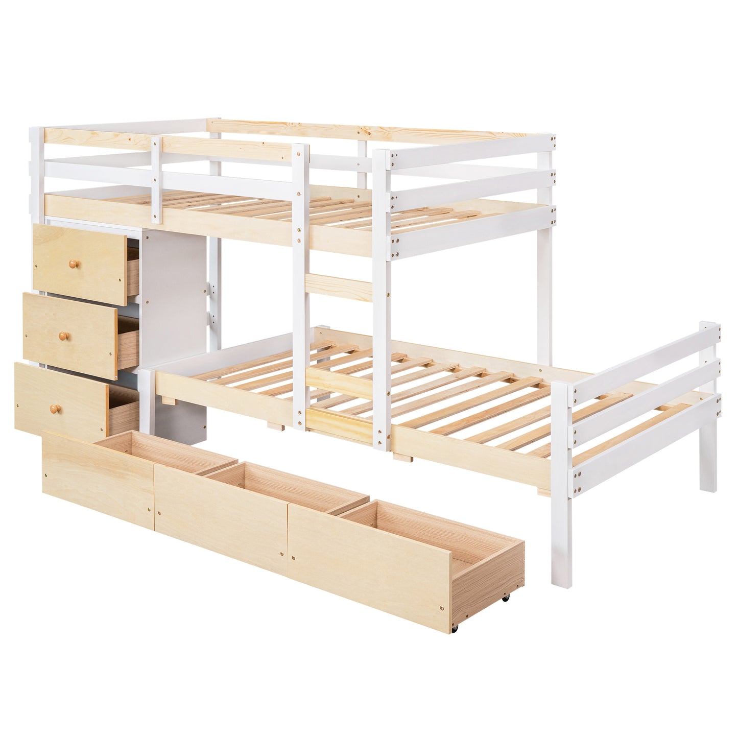 Natural Twin Loft Bunk Bed with Drawers, Ladder, and Dual Sleeping Space