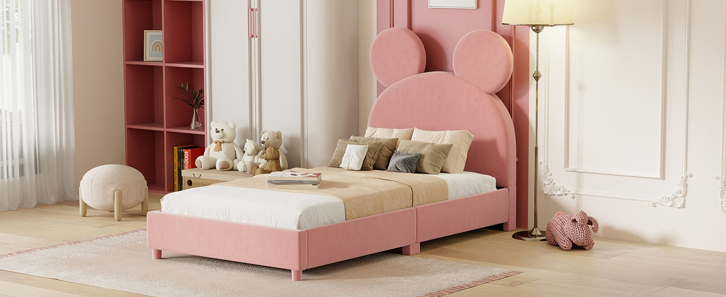 Twin Size Upholstered Platform Bed with Bear Ear Shaped Headboard, Pink