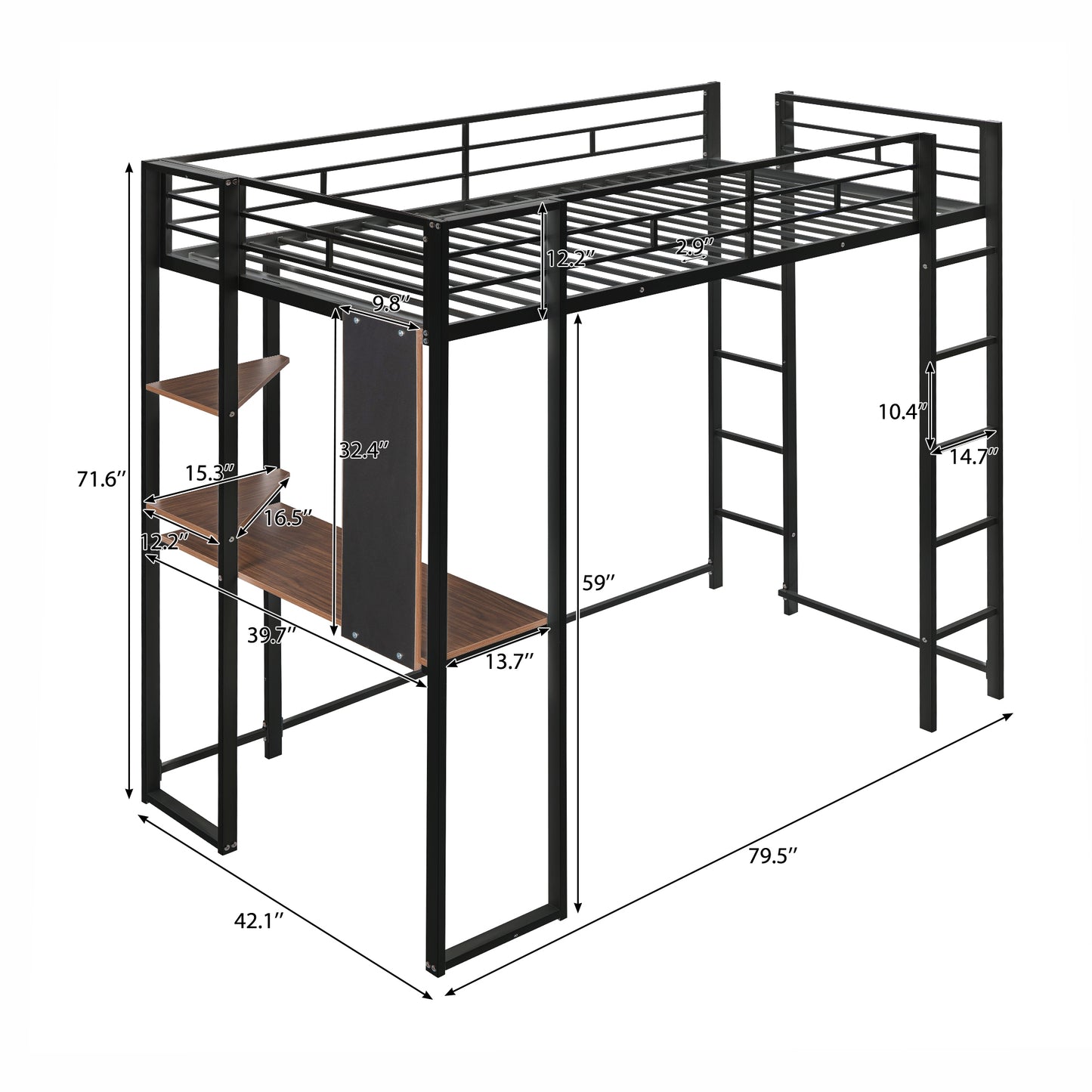 Twin Metal Loft Bed with 2 Shelves and one Desk ,BLACK(: MF281206AAB)