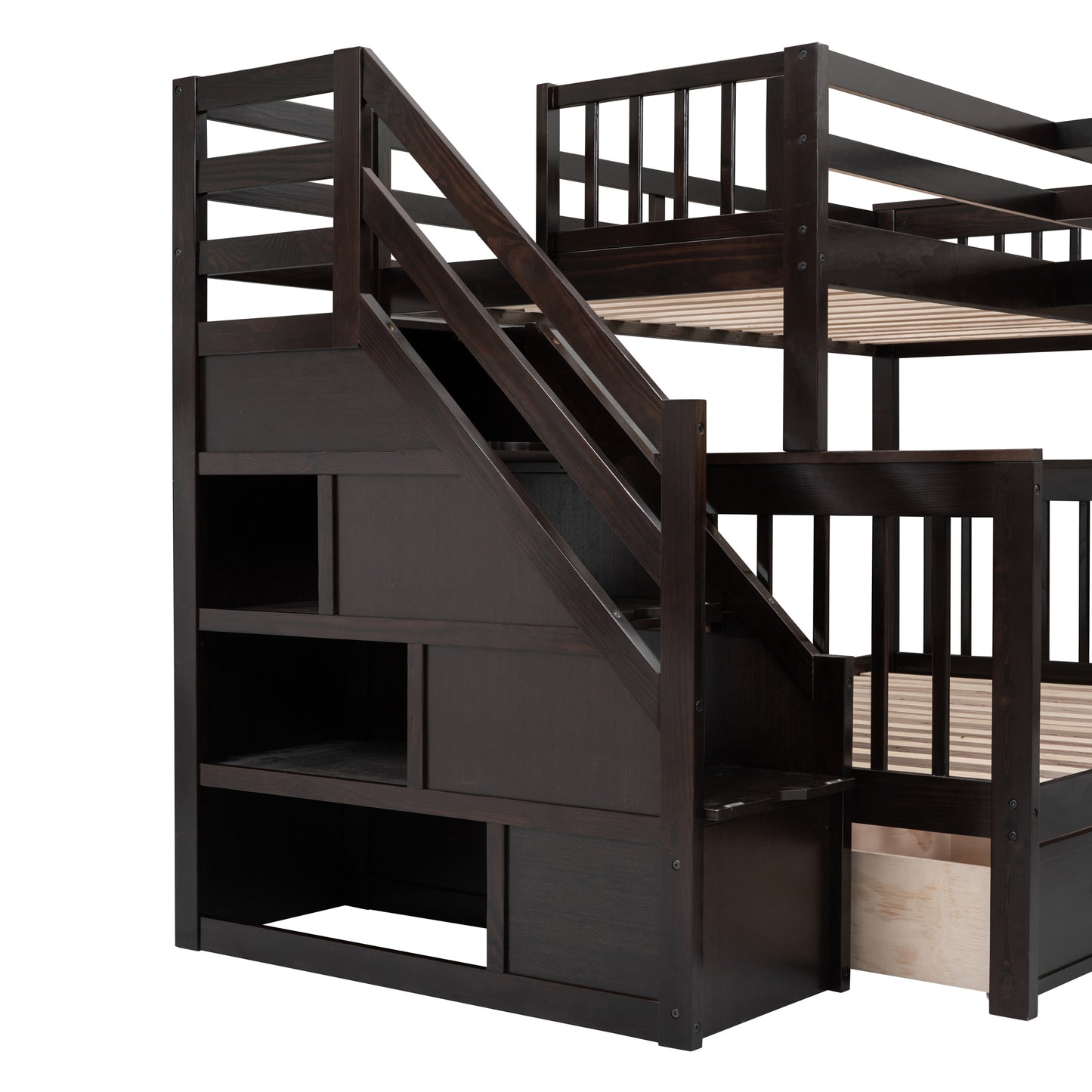 Espresso L-Shaped Bunk Bed with Storage Drawers, Desk, Wardrobe and Maximized Space