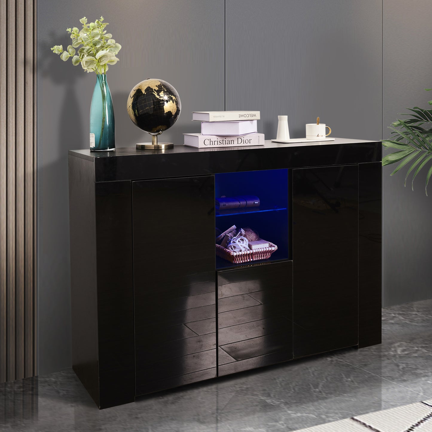 Modern White High Gloss LED Sideboard with Drawer and Storage Cabinet