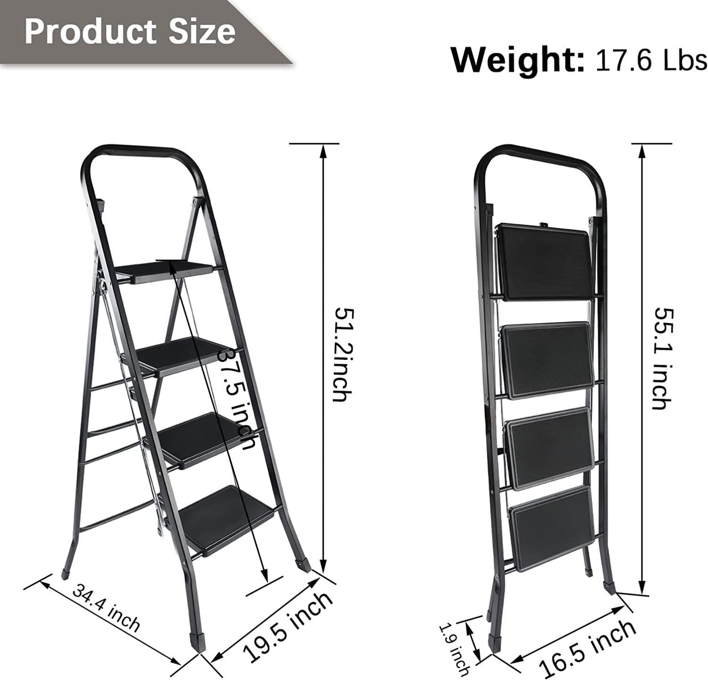 4 Step Ladder, Folding Step Stool with Wide Anti-Slip Pedal, 330 lbs Sturdy Steel Ladder, Convenient Handgrip, Lightweight, Portable Steel Step Stool, Black (HILADDFOLD4B)