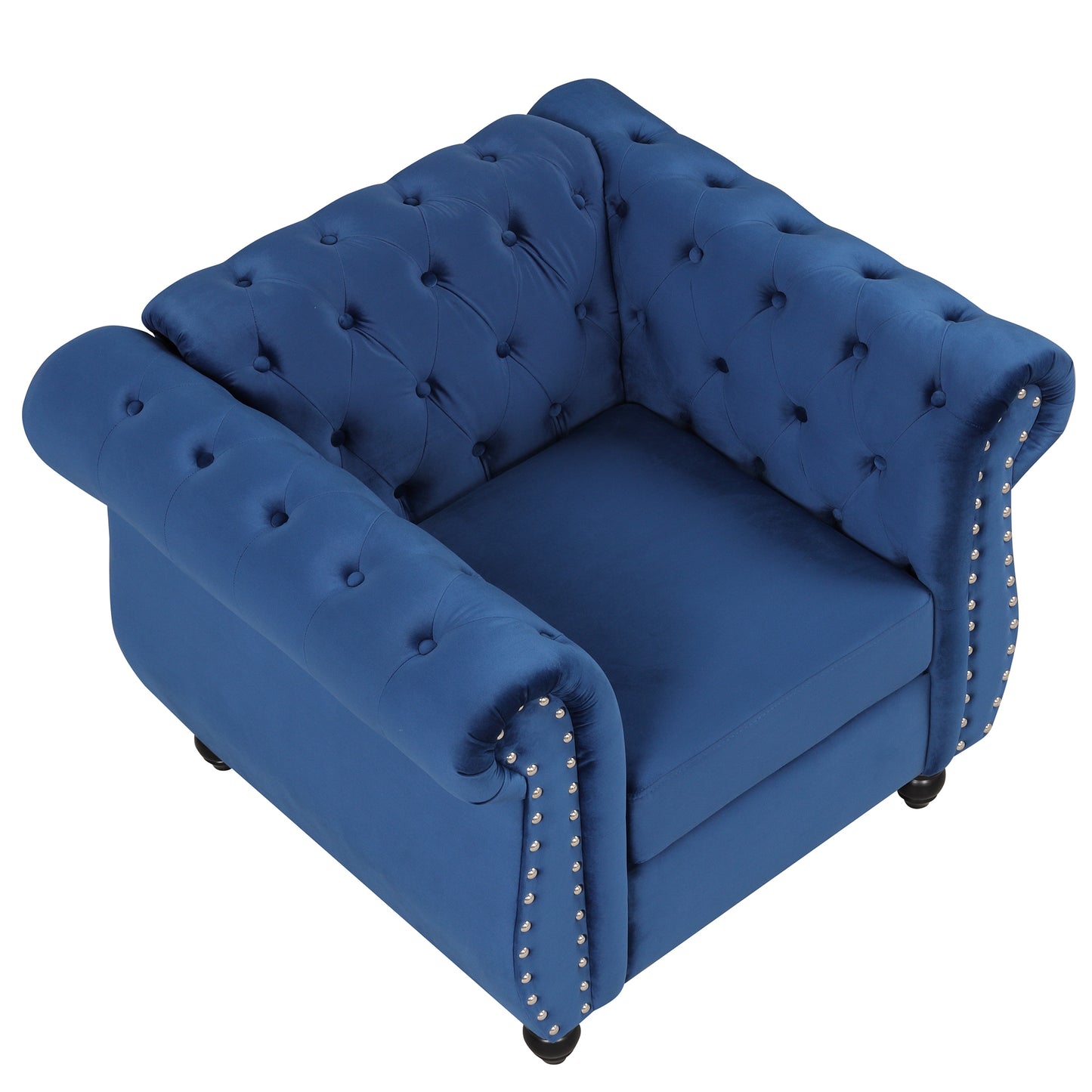 39 Plush Blue Upholstered Modern Sofa with Solid Wood Legs and Buttoned Tufted Backrest