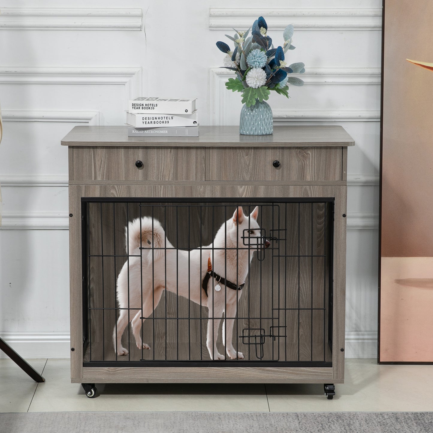 Dog Crate Furniture, Wooden Dog Crate End Table, 38.4 Inch Dog Kennel with 2 Drawers Storage, Heavy Duty Dog Crate, Decorative Pet Crate Dog Cage for Large Indoor Use (Grey) 38.4" L×23.2" W×35" H