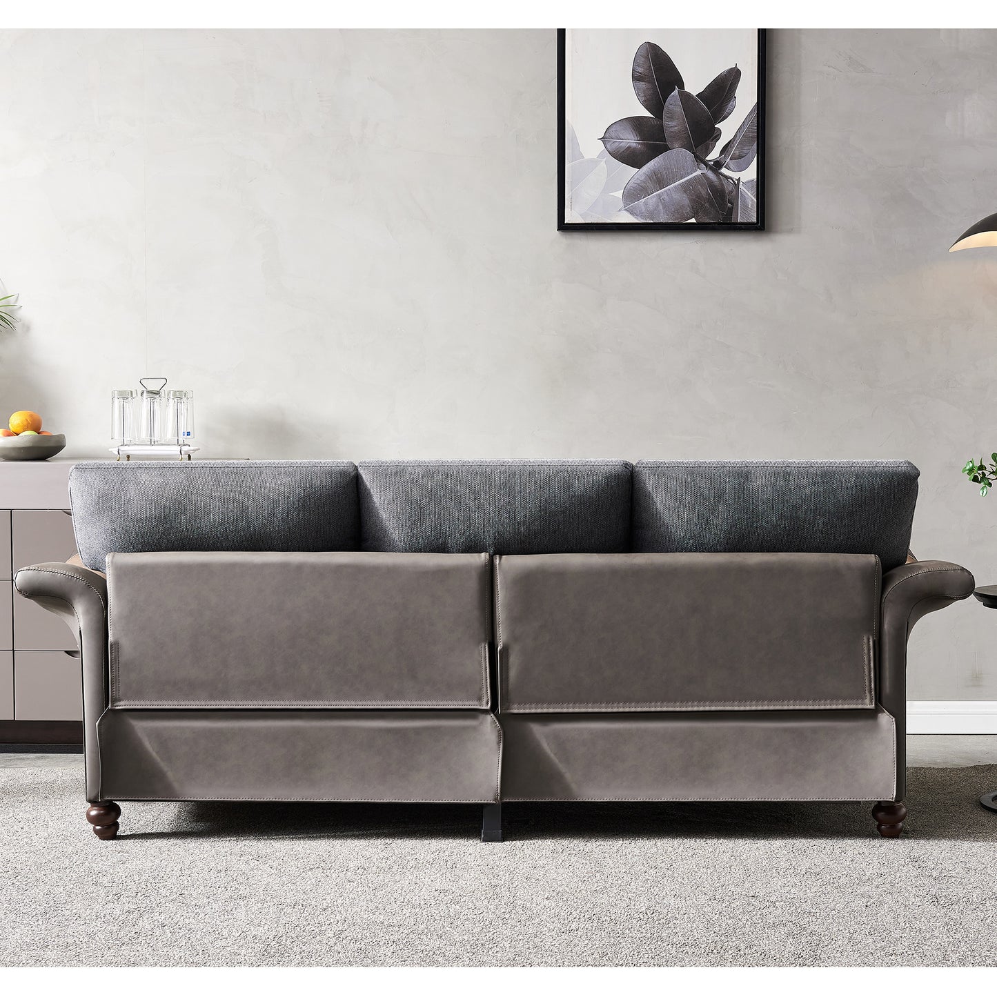 Living Room Furniture Linen Fabric Faux Leather with Wood Leg Sofa (Dark Grey)