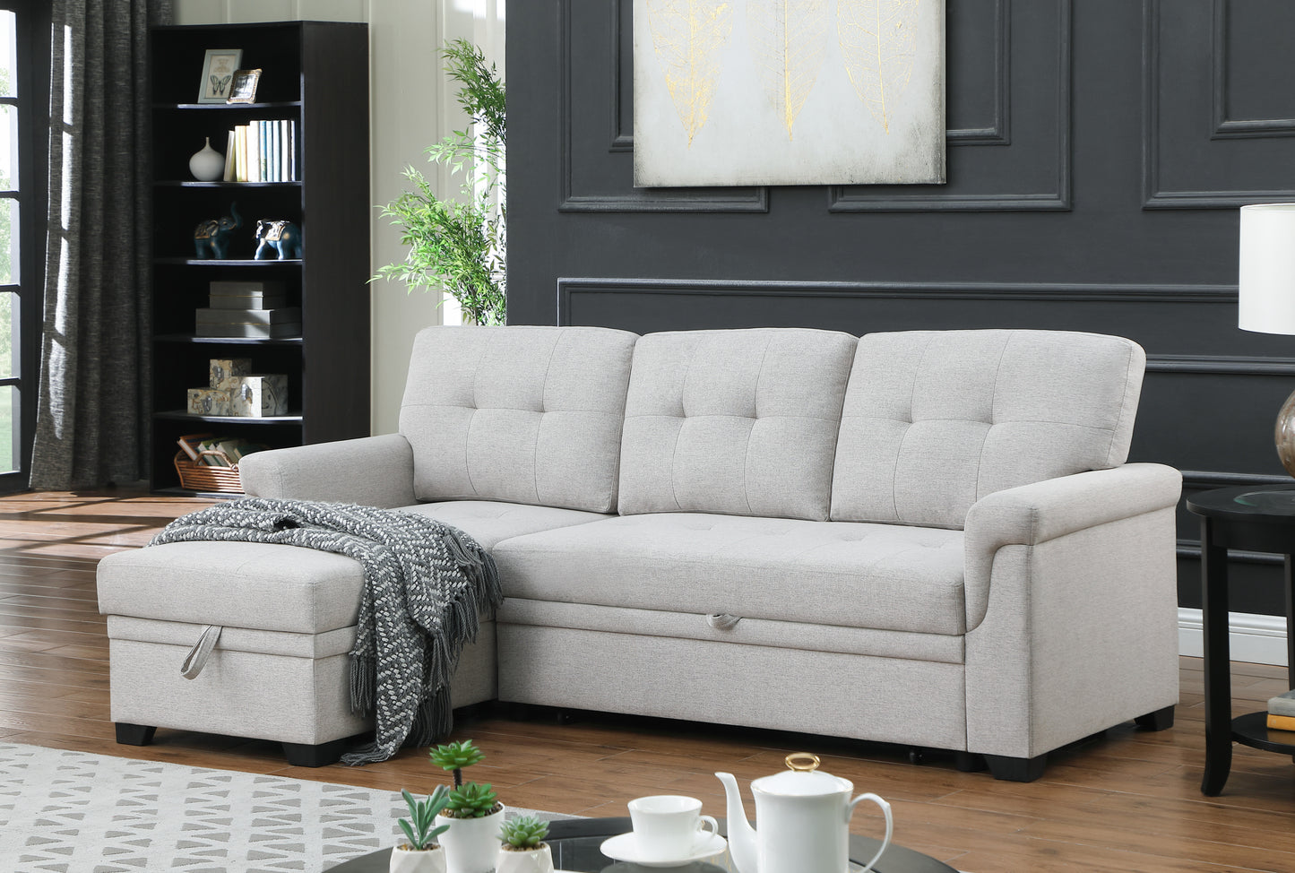 Lucca Light Gray Linen Sofa Bed with Reversible Storage Chaise