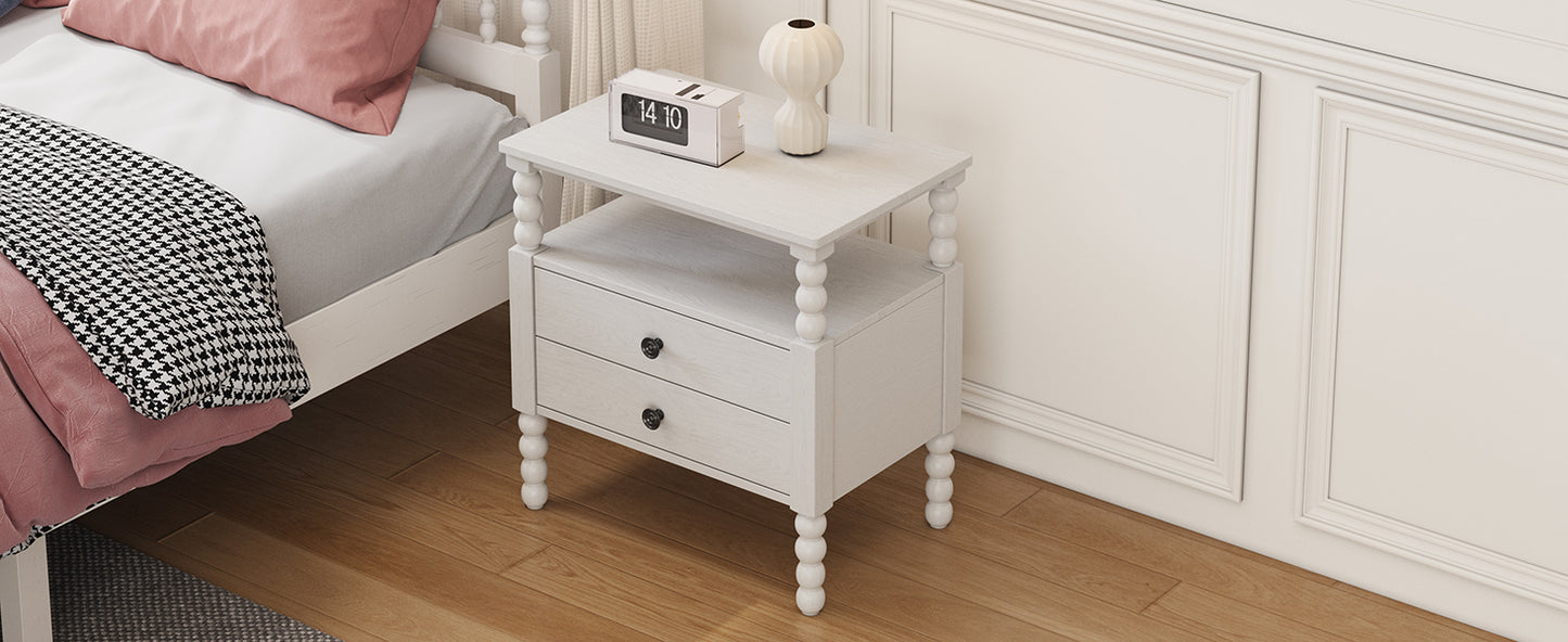 Gourd Shaped Leg 2 Drawer Nightstand, Antique White