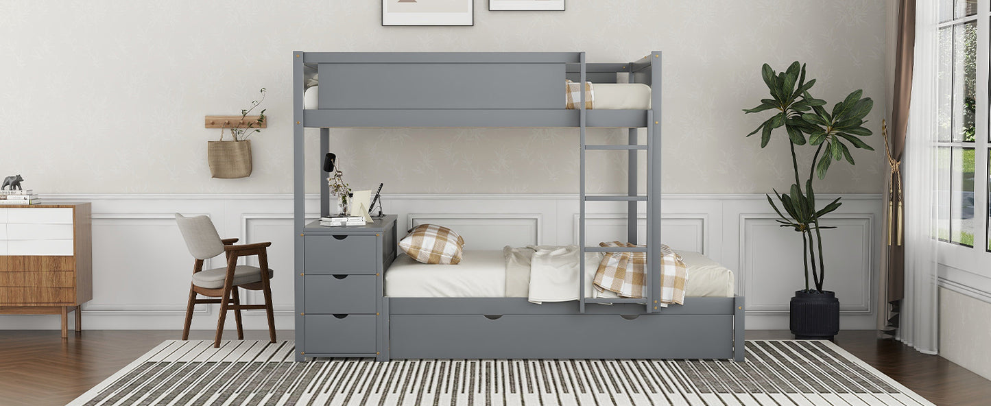 Full-Over-Full Bunk Bed with Twin Trundle, Storage, Desk, and USB Outlets, Gray - Ultimate Space-Saving Solution for Bedroom