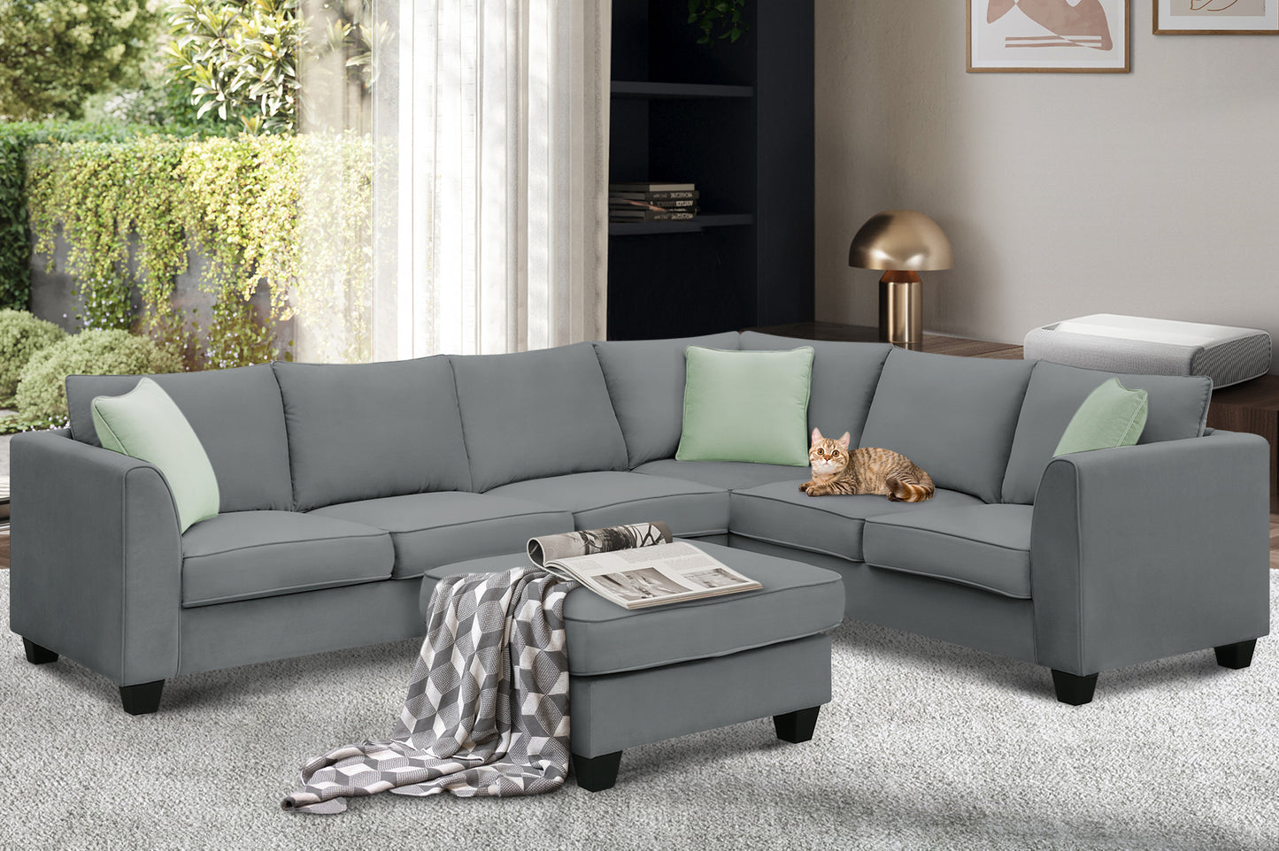 Grey L-Shaped Sectional Sofa Set with Ottoman and Pillows for Living Room