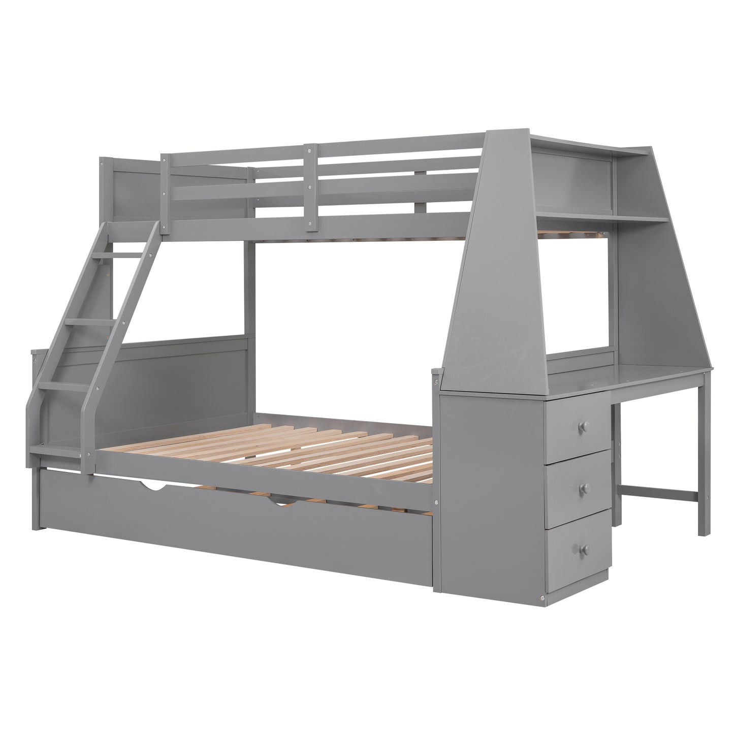 Enhanced Gray Twin over Full Bunk Bed with Trundle, Desk, and Storage