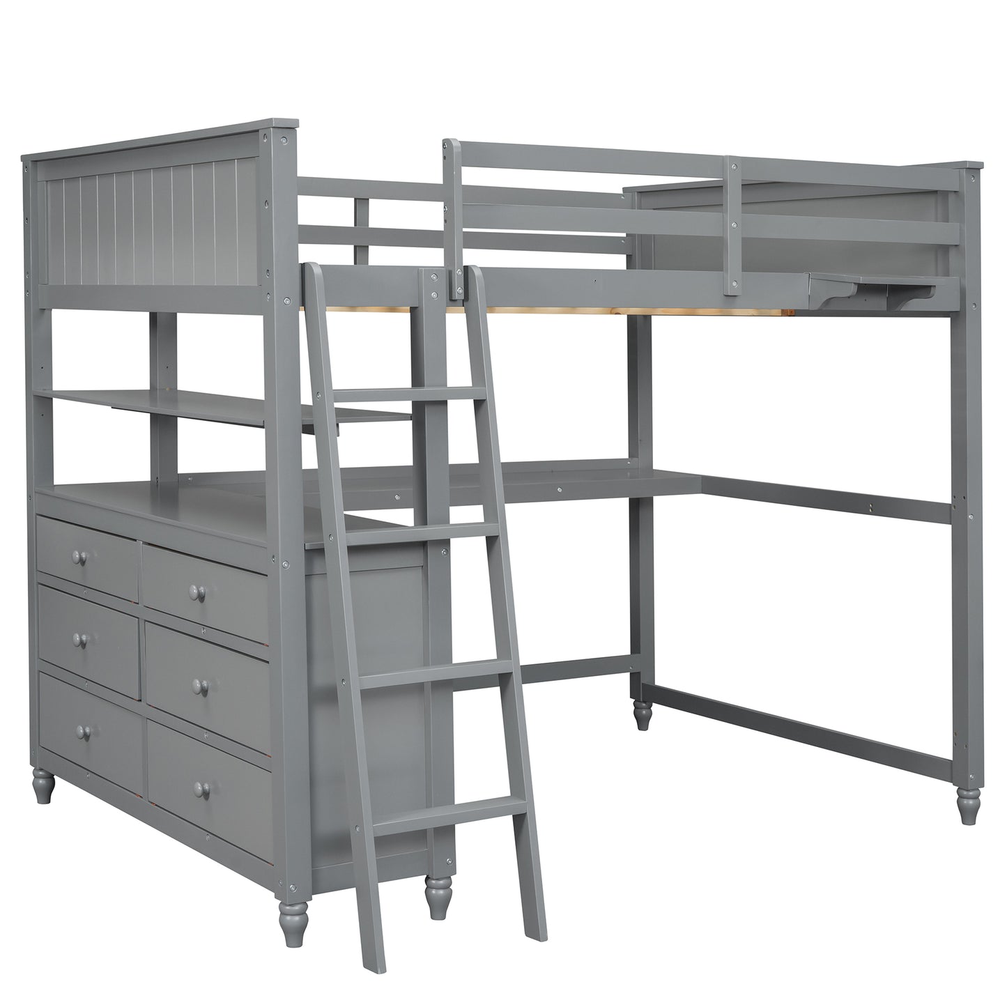 Full size Loft Bed with Drawers and Desk, Wooden Loft Bed with Shelves - Gray