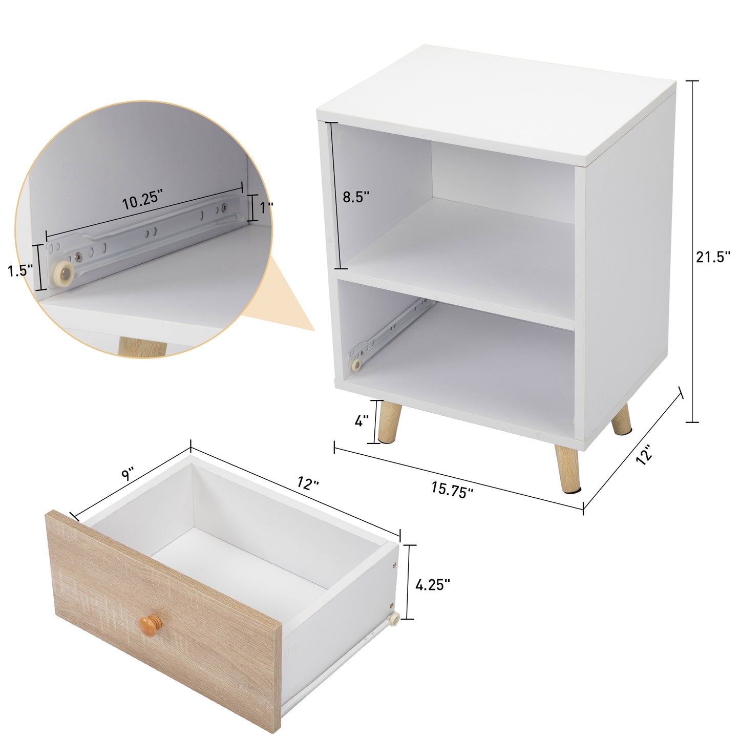 2 of Bedside Cupboard with 1 Drawer and Short Legs, End Table with Storing Shelf, Indoors, White