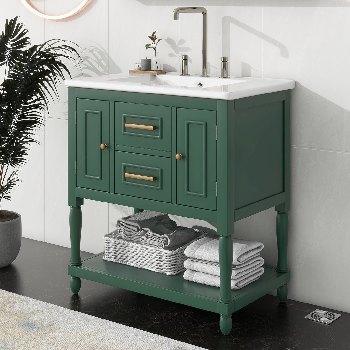 30" Bathroom Vanity with Sink Top, Bathroom Vanity Cabinet with Two Doors and Two Drawers, Solid Wood Frame, One Package, Green