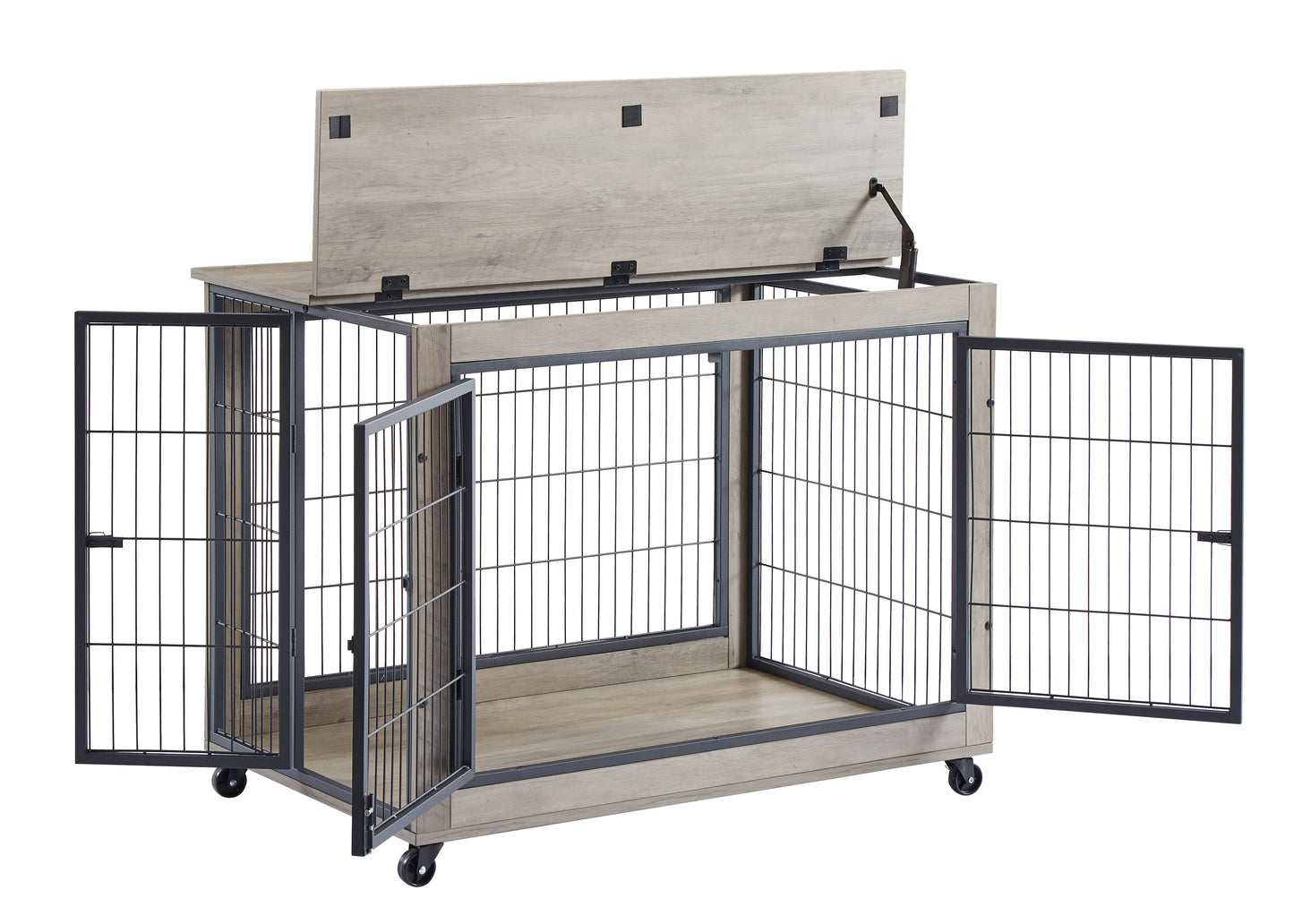 Furniture Style Dog Crate Side Table on Wheels with Double Doors and Lift Top.（Grey,38.58’’w x 25.5’’d x 27.36’’h）