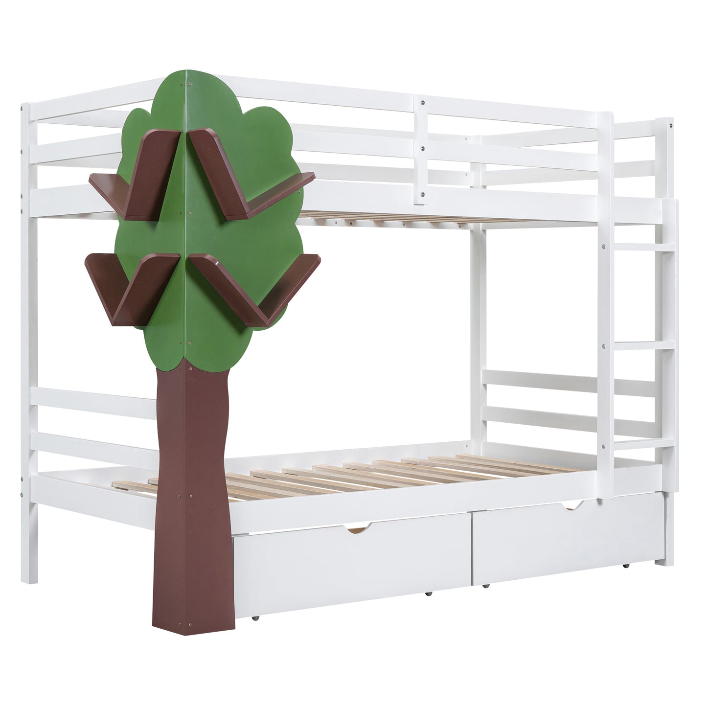 White Twin Bunk Bed with Tree Design and Storage Drawers