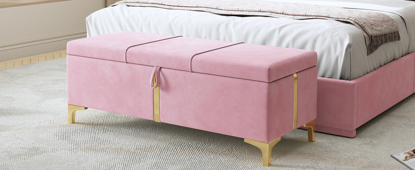 Elegant Upholstered Storage Ottoman,Storage Bench with Metal Legs for Bedroom,Living Room,Fully Assembled Except Legs,Pink