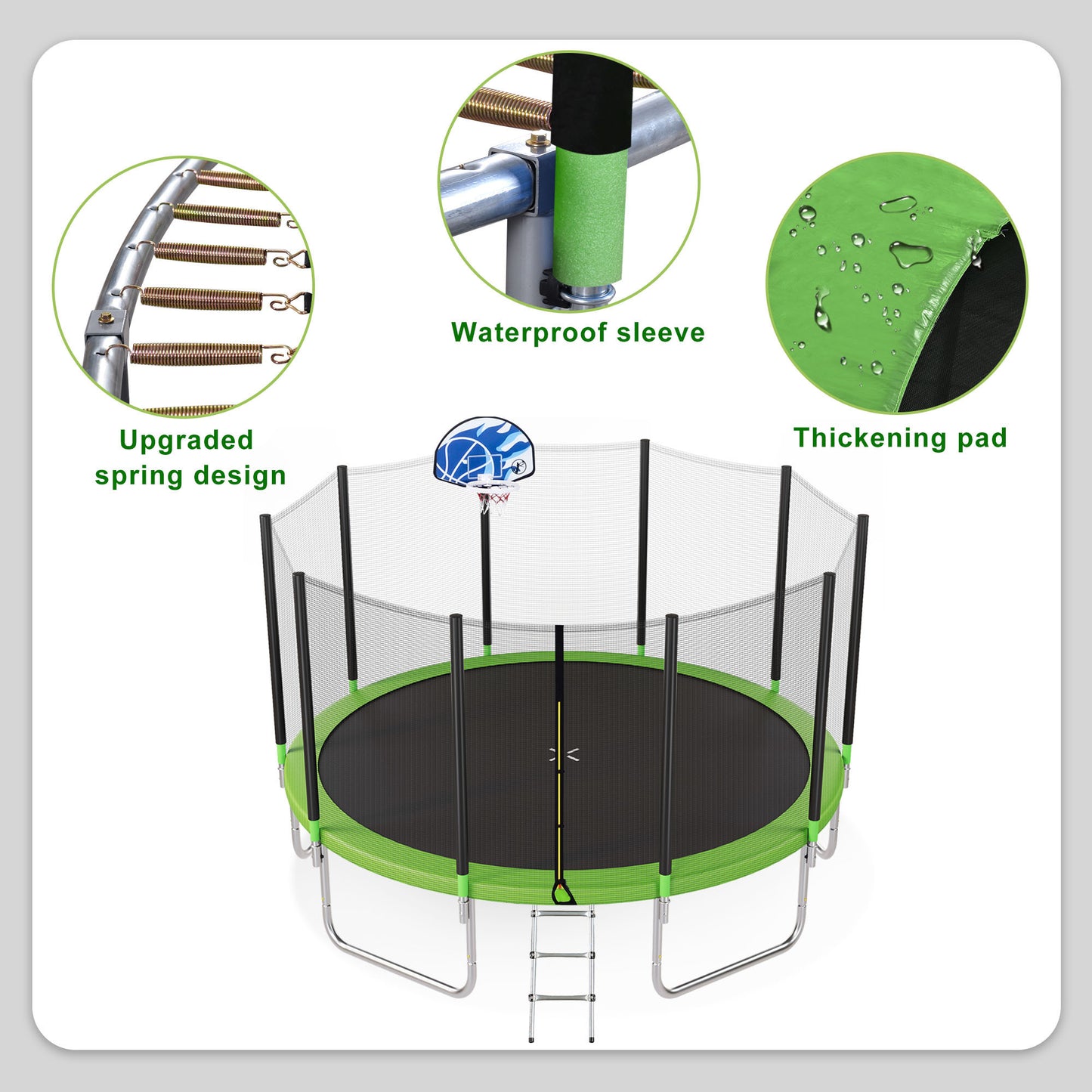 15FT Trampoline for Kids with Safety Enclosure Net, Basketball Hoop and Ladder, Easy Assembly Round Outdoor Recreational Trampoline