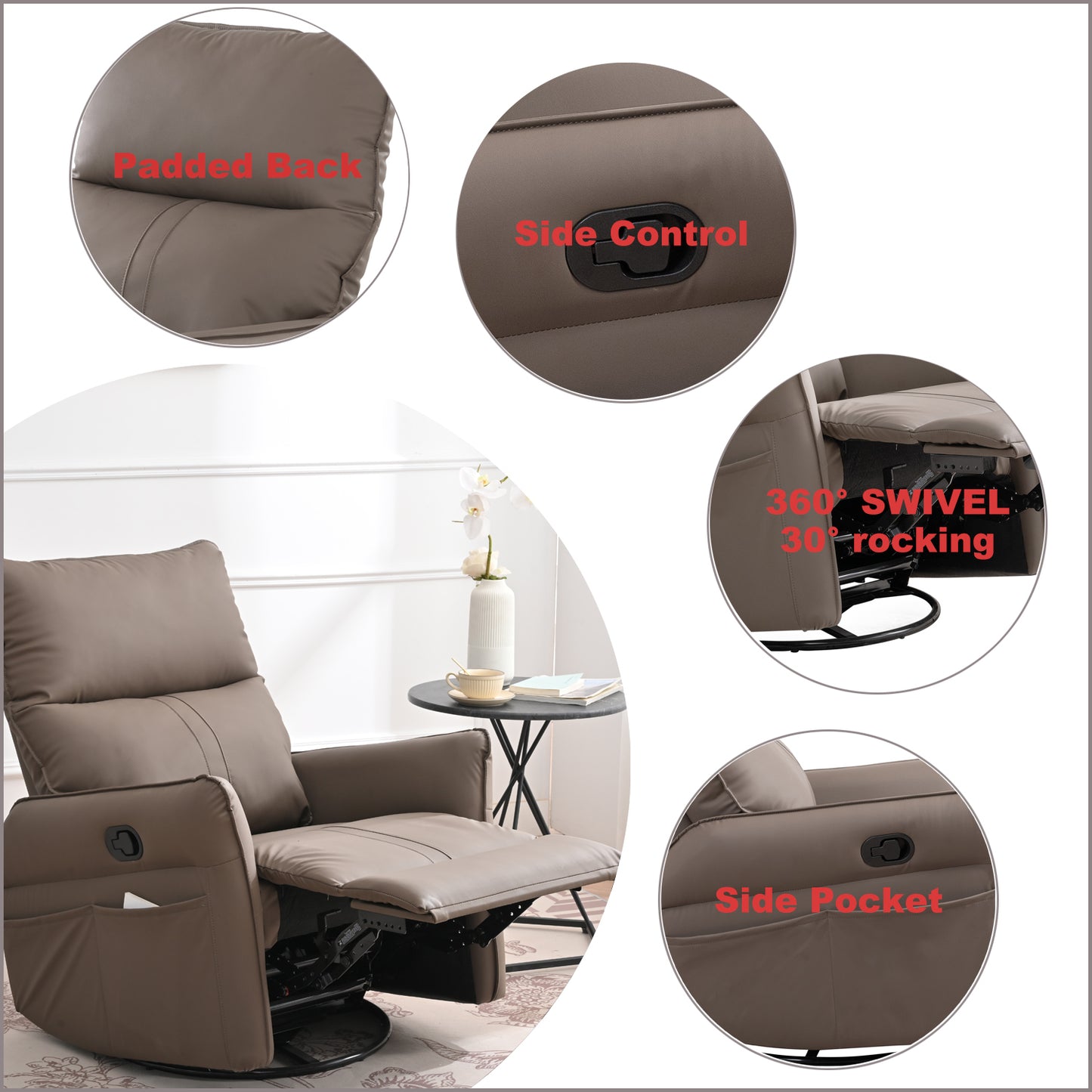 Brown PU Swivel Recliner Chair with Rocking Function