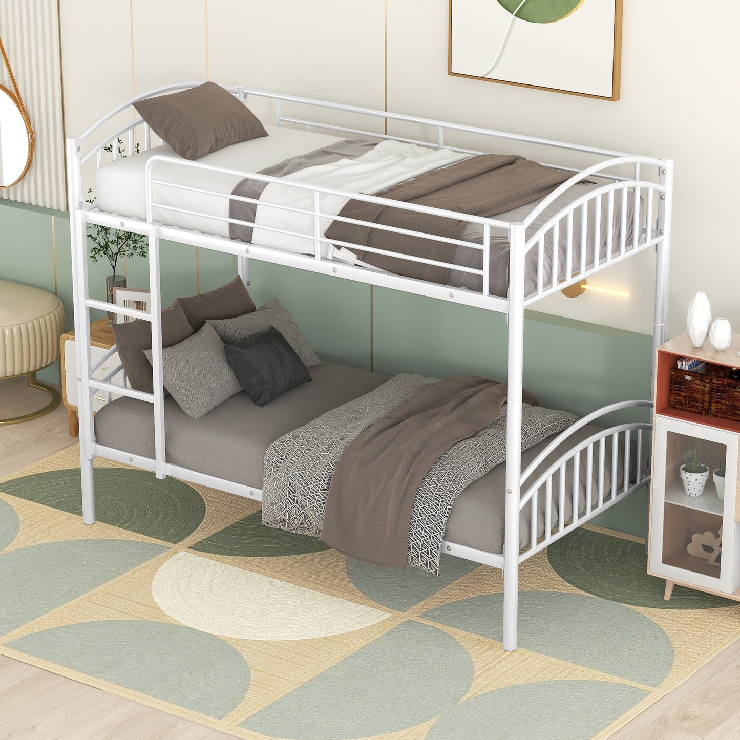 Chrome Finish Metal Twin Bunk Bed - White, Separable Twin Beds