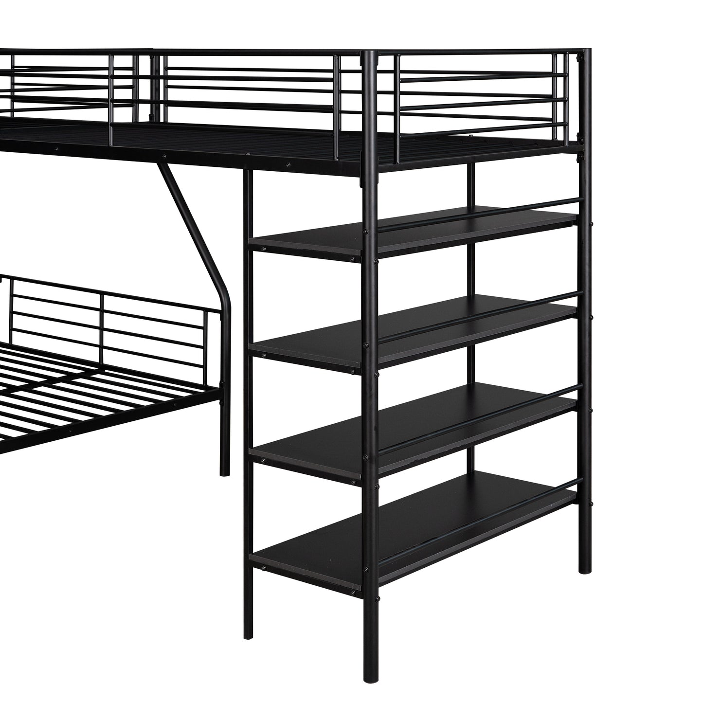 Triple Sleeper Bunk Bed with Loft, Shelves, and L-Shape Design, Black Metal