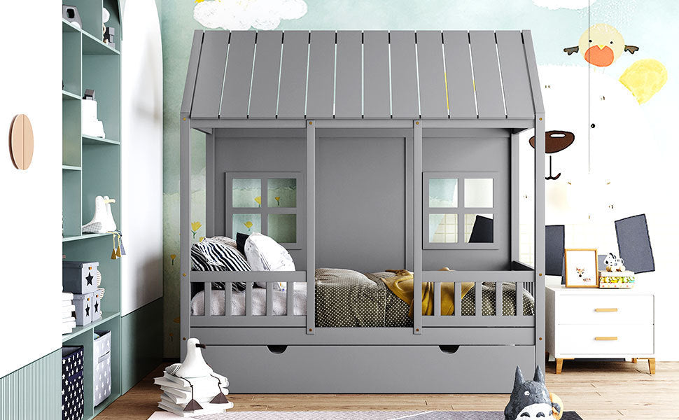 Twin Size Wood House Bed With Twin Size Trundle, Wooden Daybed, Gray