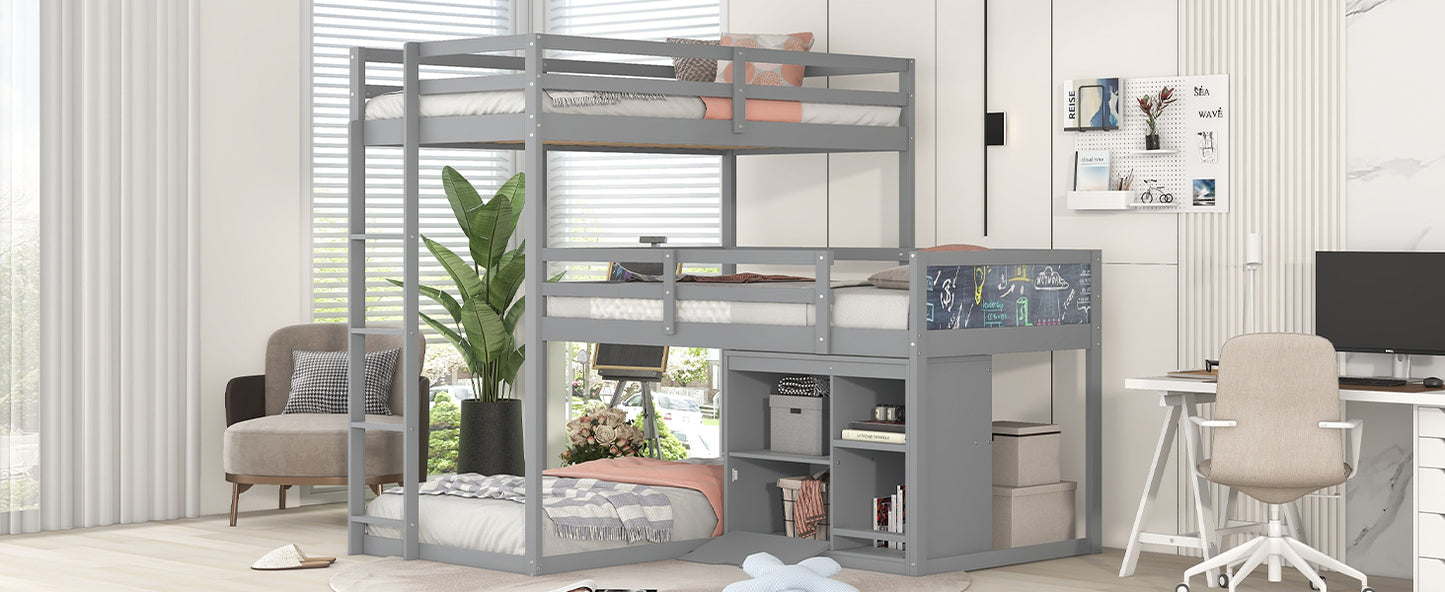 Gray L-shaped Triple Bunk Bed with Storage and Blackboard