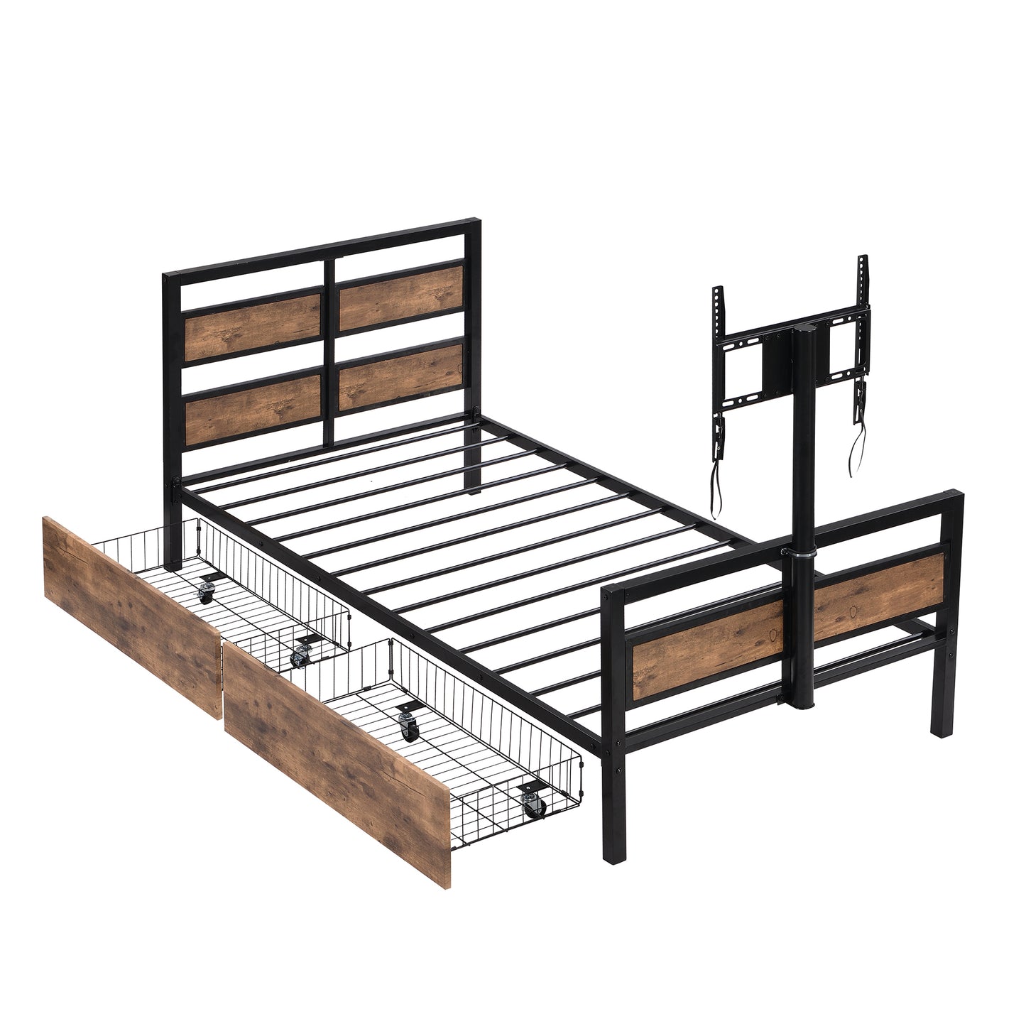 Twin Size Metal Platform Bed with MDF Headboard and Footboard,Two Storage Drawers and Rotatable TV Stand,Black - Modern Industrial Design Twin Bed with TV Stand and Storage