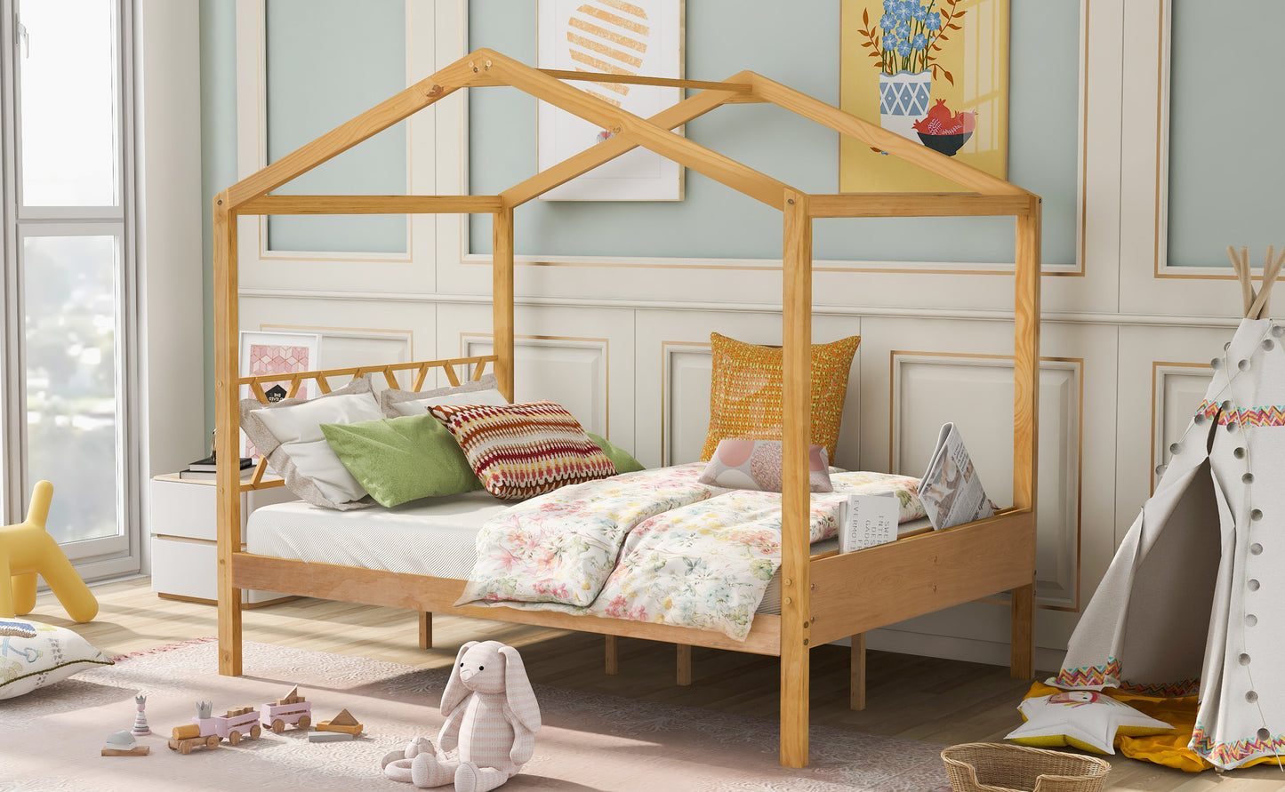 Full Size Wood House Bed with Storage Space, Natural