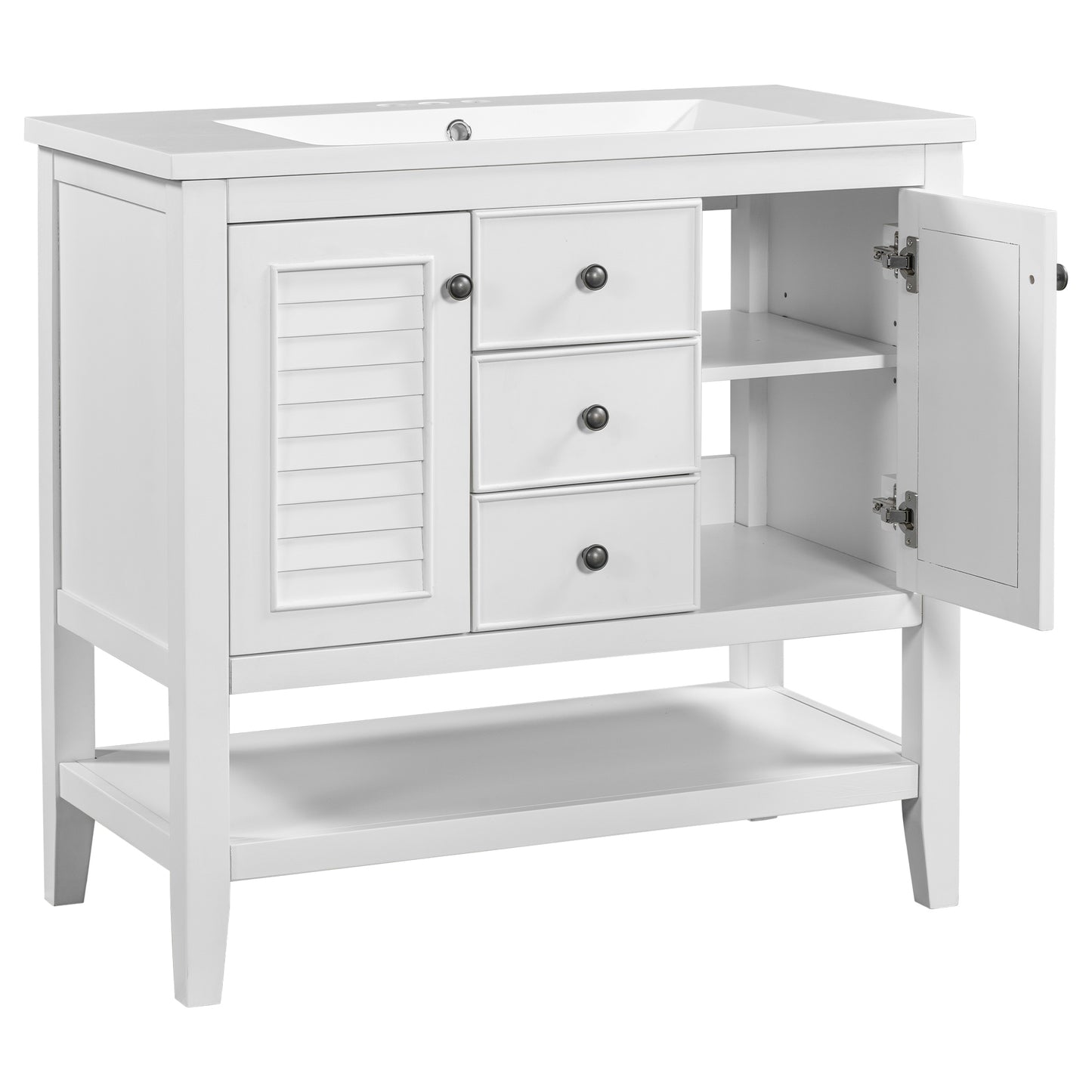 36" Bathroom Vanity with Ceramic Basin, Two Cabinets and Drawers, Open Shelf, Solid Wood Frame, White