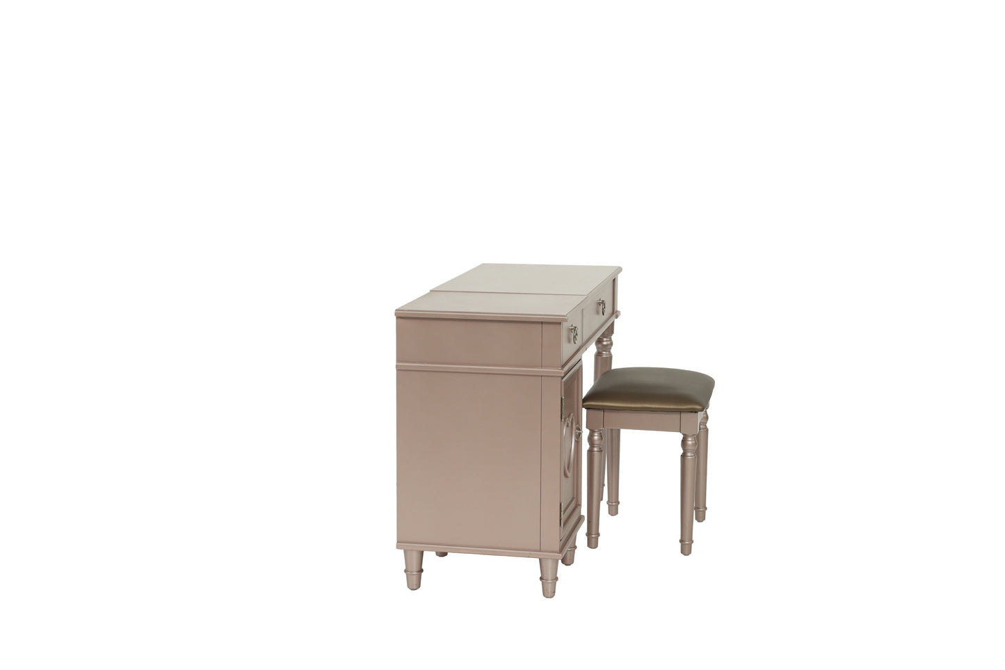 Bedroom Vanity Set w Stool Open Up Mirror Storage Space Drawers Rubber wood Ring Pull Handles Rose Gold Color Vanity