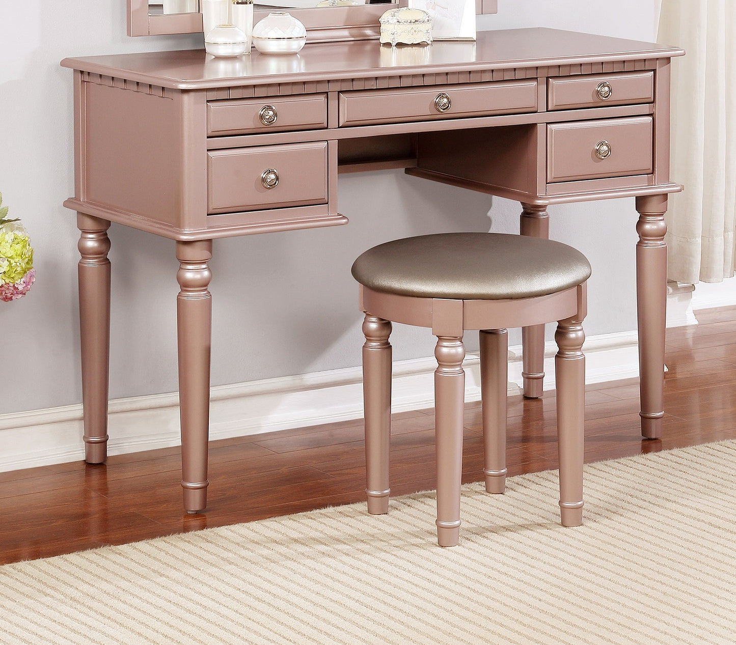 Bedroom Contemporary Vanity Set w Foldable Mirror Stool Drawers Rose Gold Color