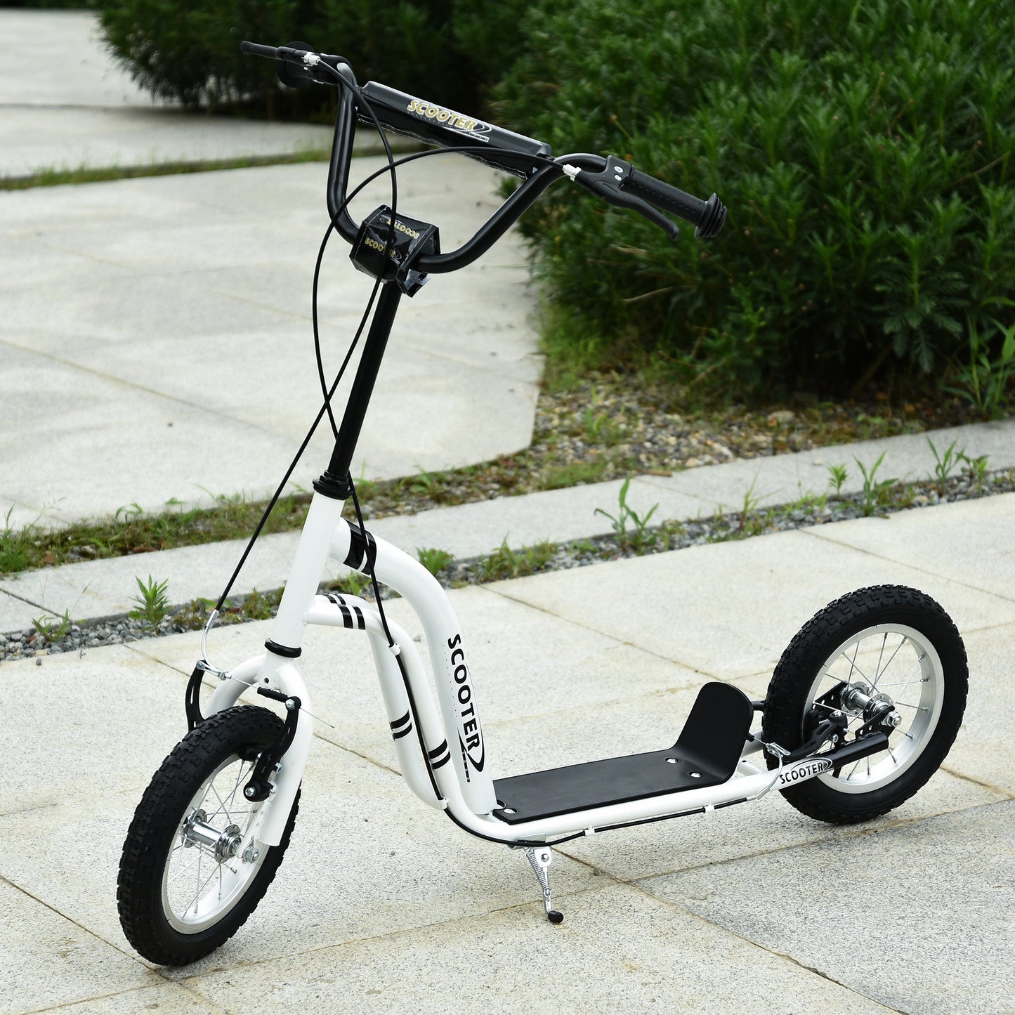 White Adjustable Height Youth Scooter with Dual Brakes and 12-Inch Inflatable Front Wheel