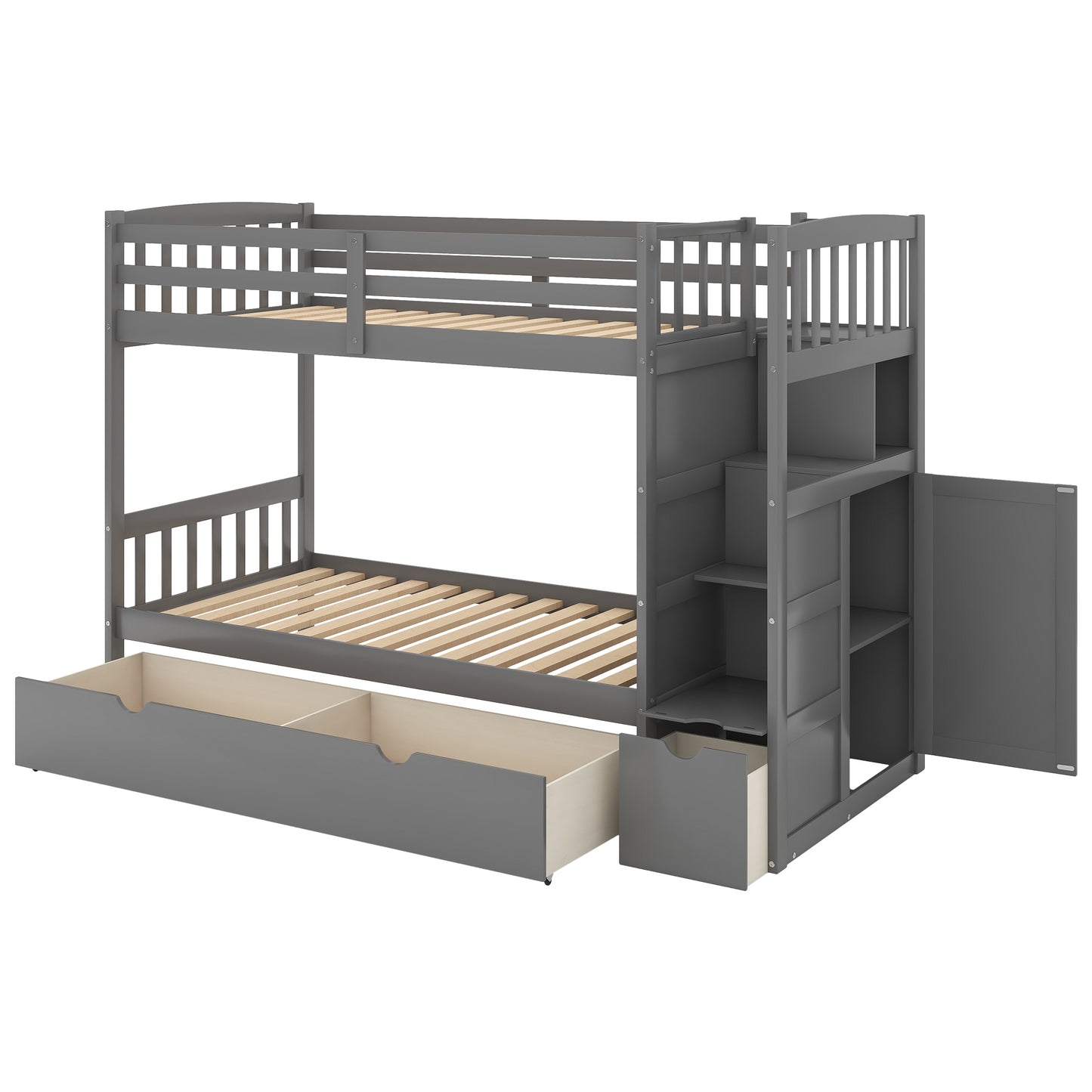 Storage Solution Gray Twin over Full Bunk Bed with Shelves and Drawers