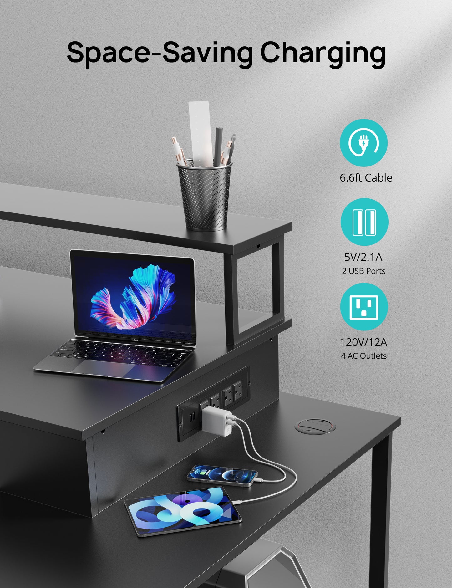 LED Gaming Desk with Charging Station, Storage Shelves, and L-Shaped Design