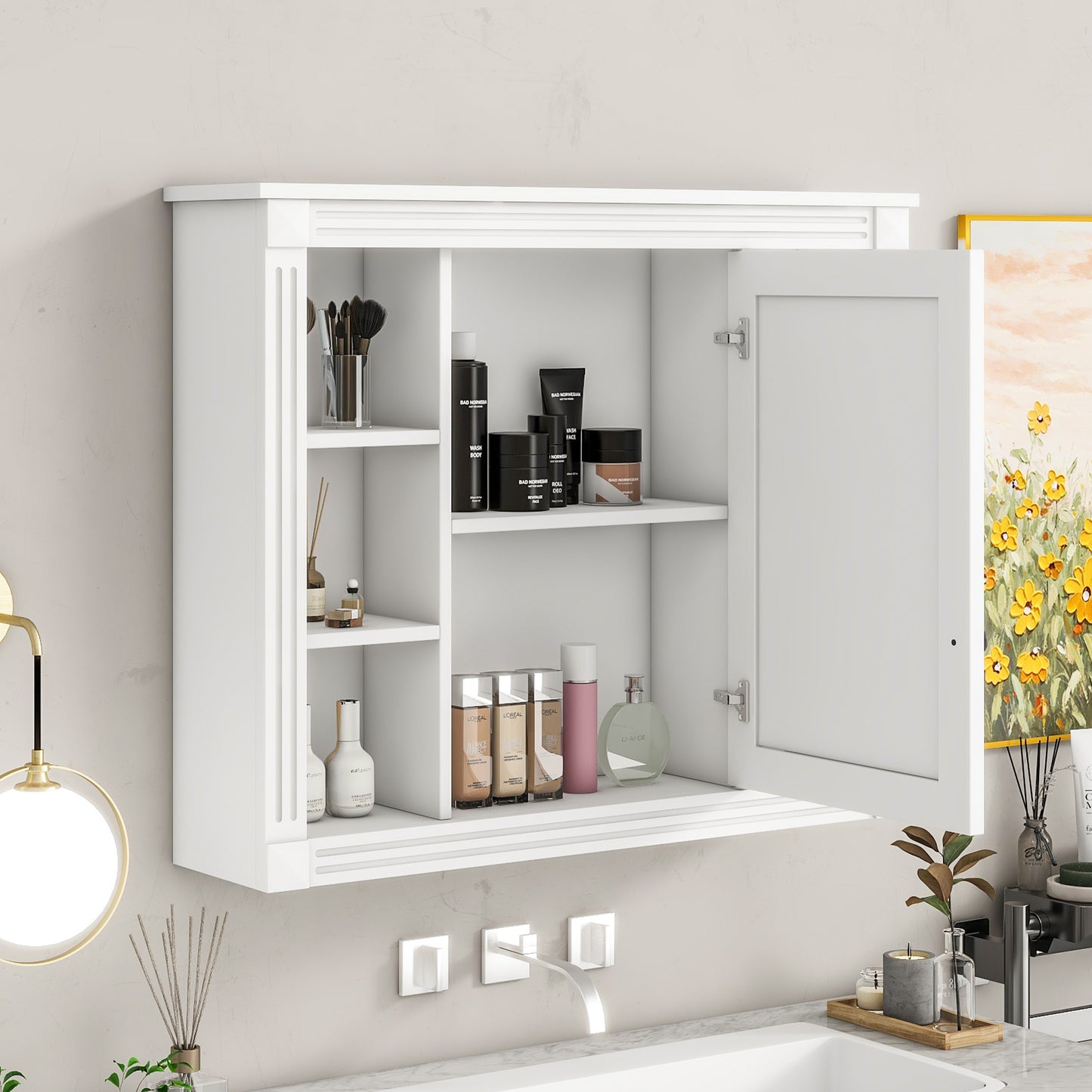 35'' x 28'' Wall Mounted Bathroom Storage Cabinet, Modern Bathroom Wall Cabinet with Mirror, Mirror Cabinet with 6 Open Shelves (Not Include Bathroom Vanity )