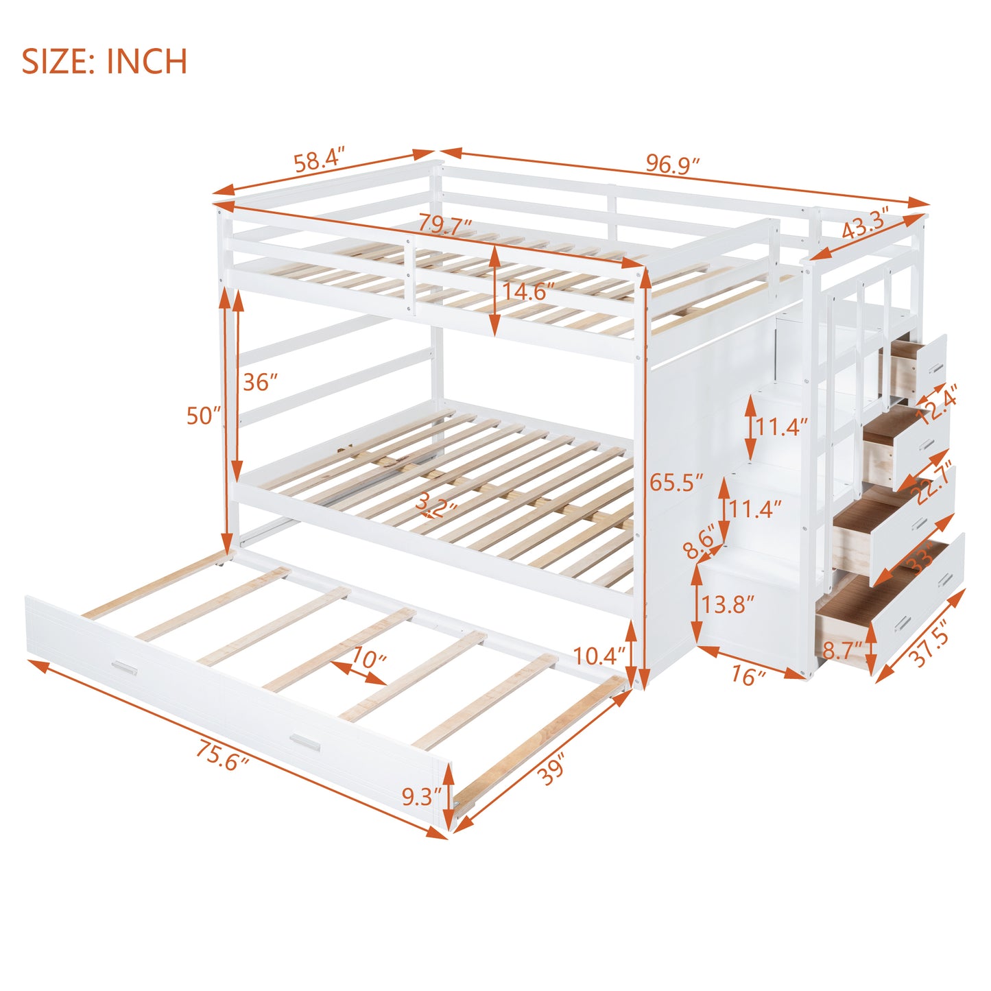 White Full-Over-Full Bunk Bed with Staircase and Trundle