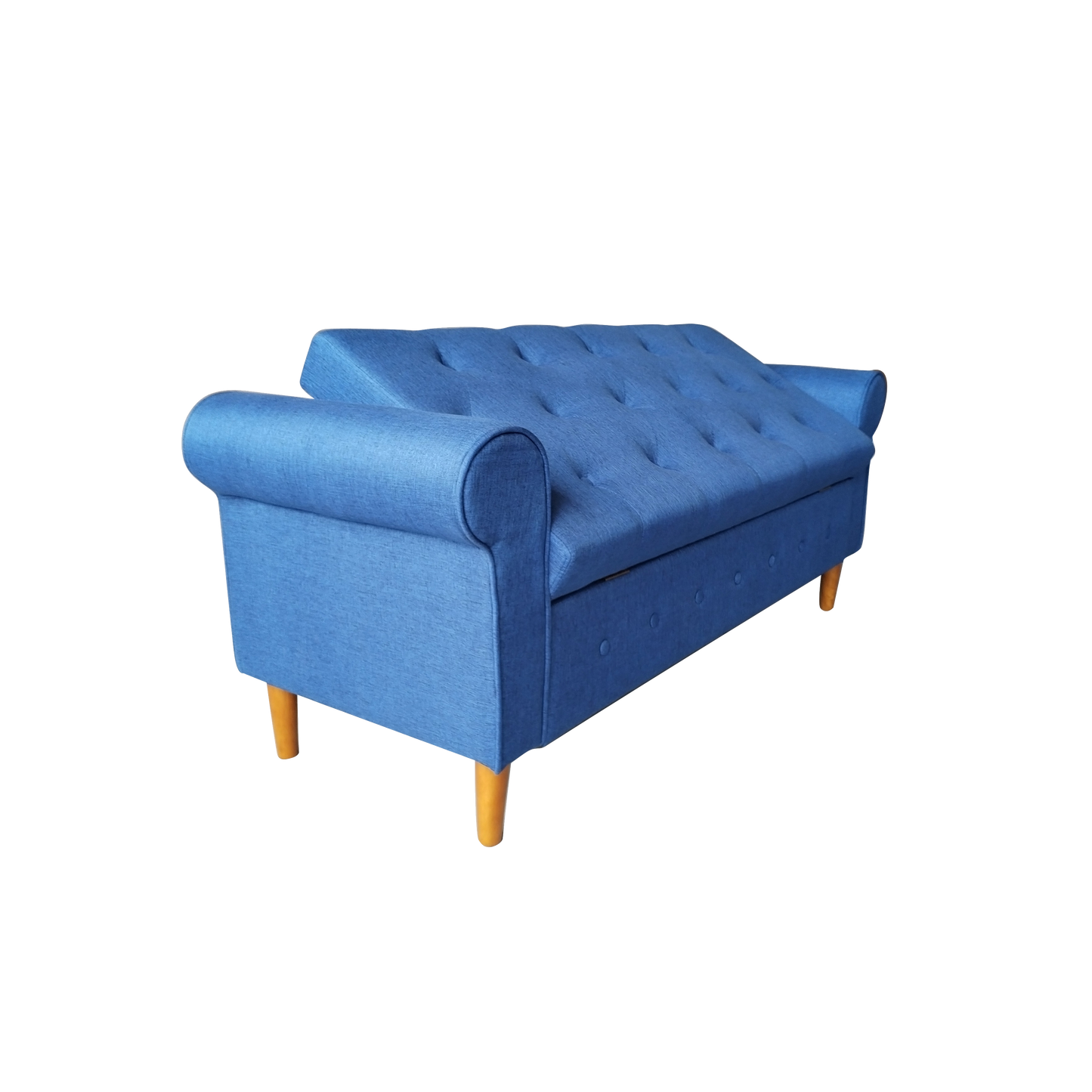 62" Bedroom Tufted Button Storage Bench, Linen Upholstered Ottoman, Window Bench, Rolled Arm Design for Bedroom, Living Room, Foyer (Blue)