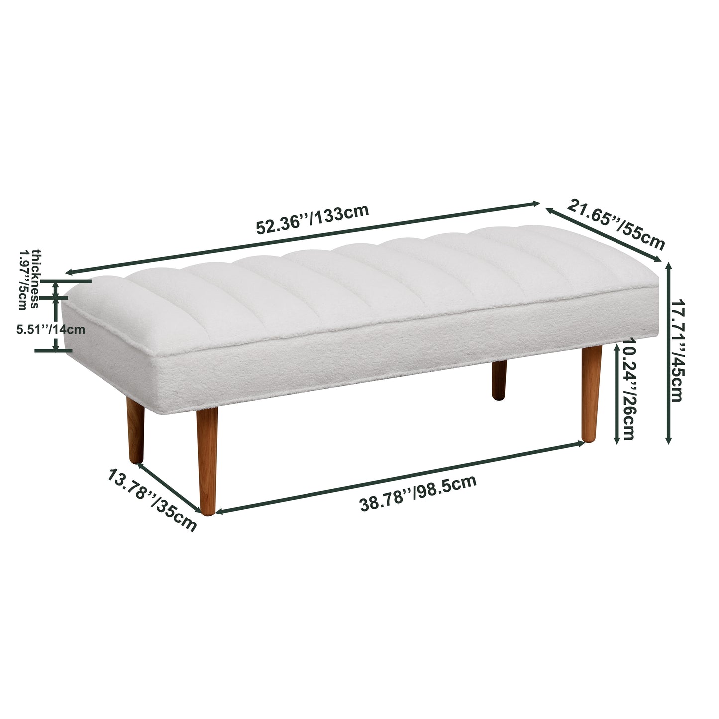 Channel Tufted Bench White Sherpa Upholstered End of Bed Benches with Wooden Legs (White)