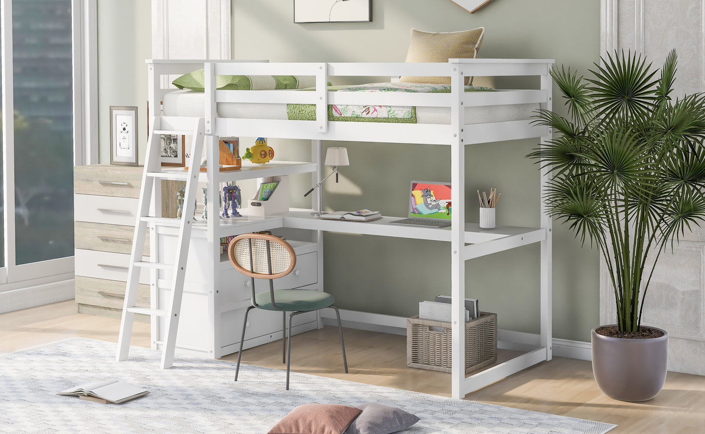 Twin Size Loft Bed with Desk and Shelves, Two Built-in Drawers, White (: GX000803AAK-1)