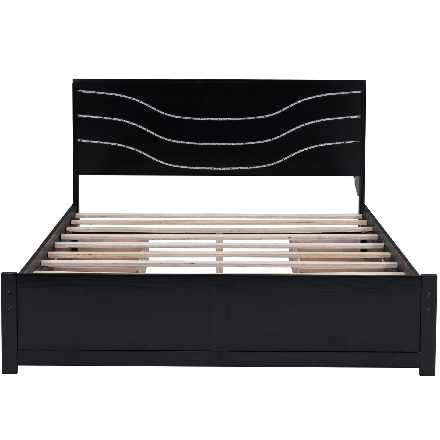 Queen Size Wood Storage Platform Bed with LED and 4 Drawers, Black