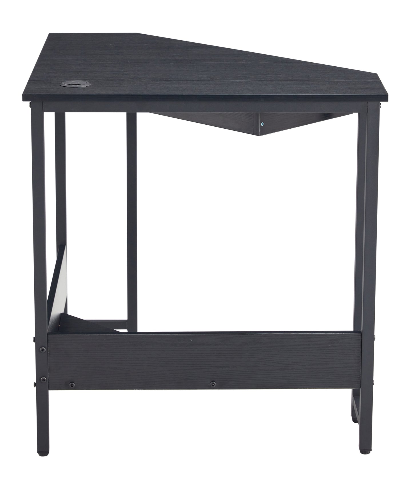 Sleek Black Triangle Desk with Keyboard Tray and Storage Shelves