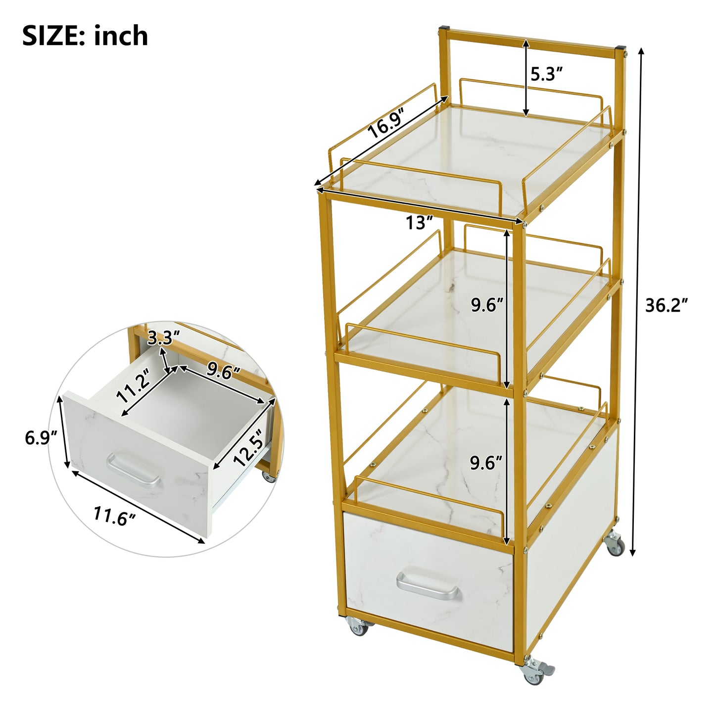 Beauty Salon Storage Trolley Cart,with Lockable Rolling Wheels,Metal Frame Marbled Board,Drawer Barber Salon Furniture,white