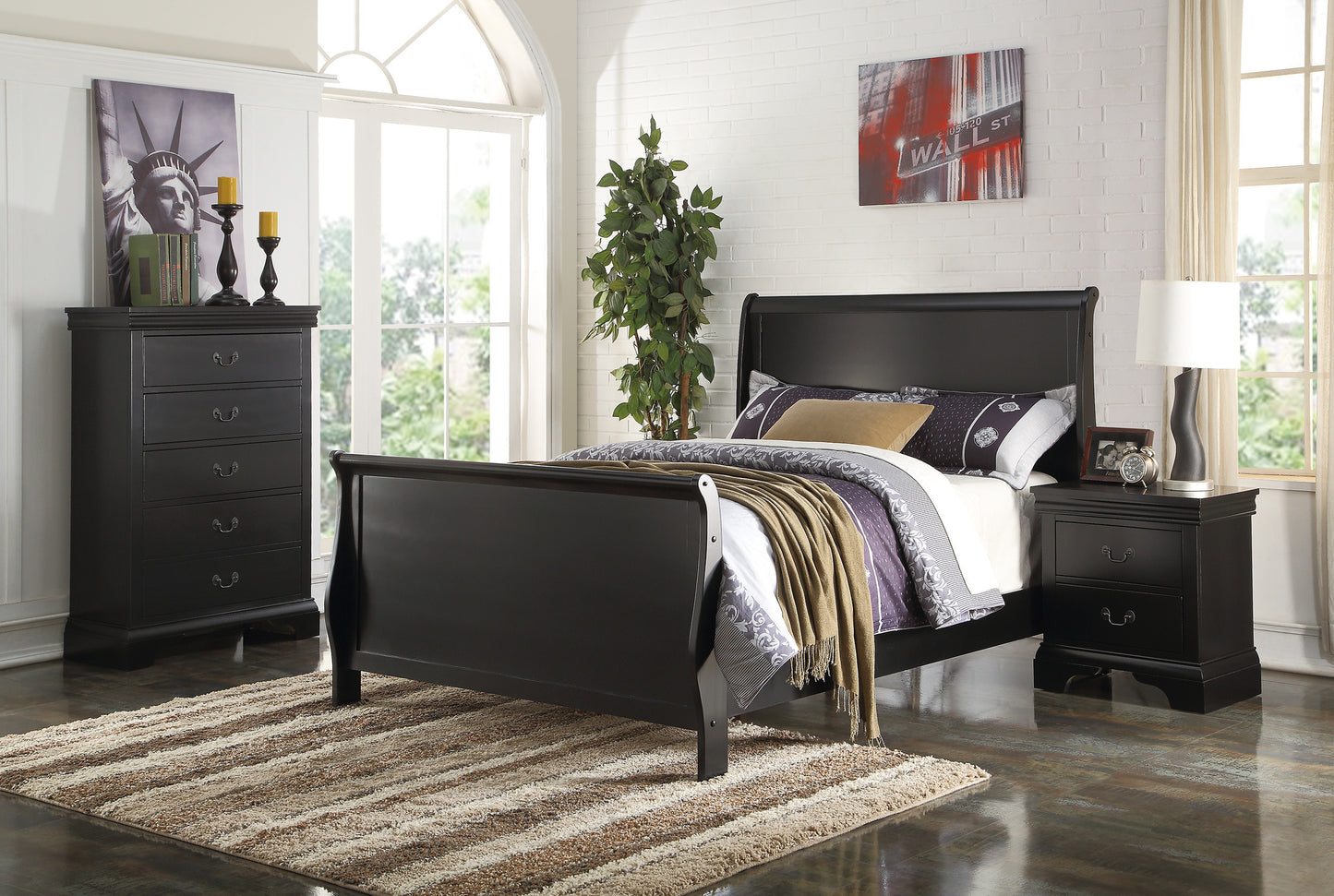 Louis Wooden Nightstand With Two Drawers In Black Finish